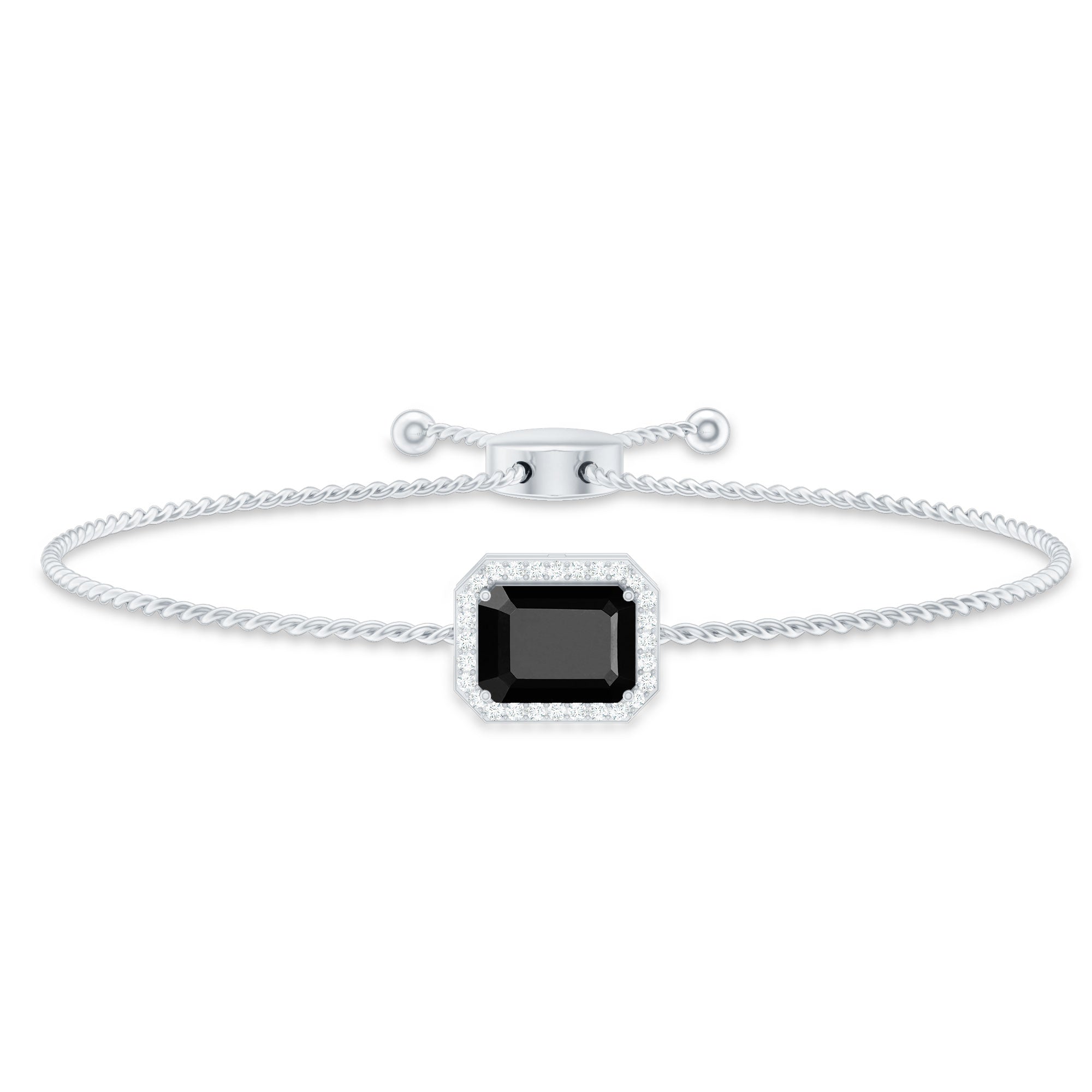 Black Onyx Bolo Bracelet – Emerald Cut Diamond Halo Adjustable Cord Jewelry