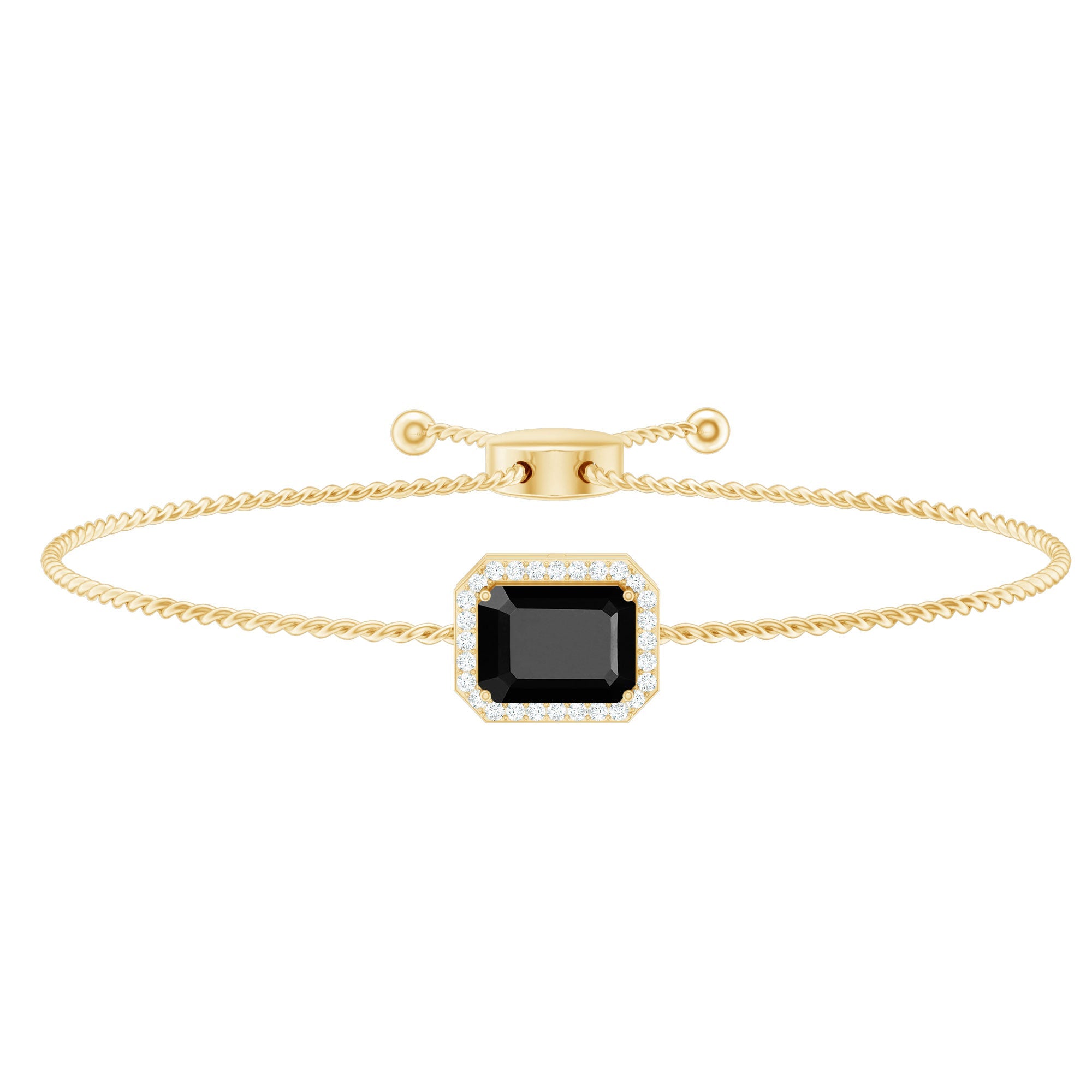 Black Onyx Bolo Bracelet – Emerald Cut Diamond Halo Adjustable Cord Jewelry
