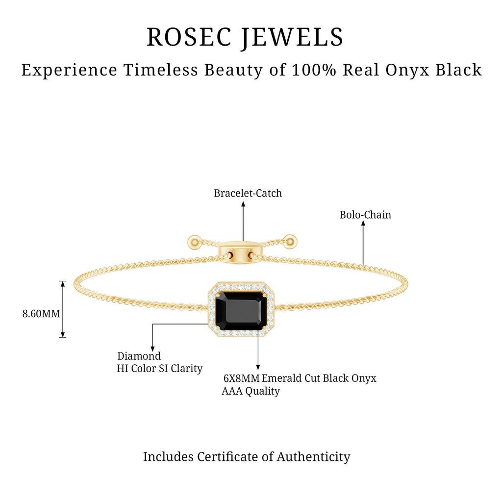 Black Onyx Bolo Bracelet – Emerald Cut Diamond Halo Adjustable Cord Jewelry