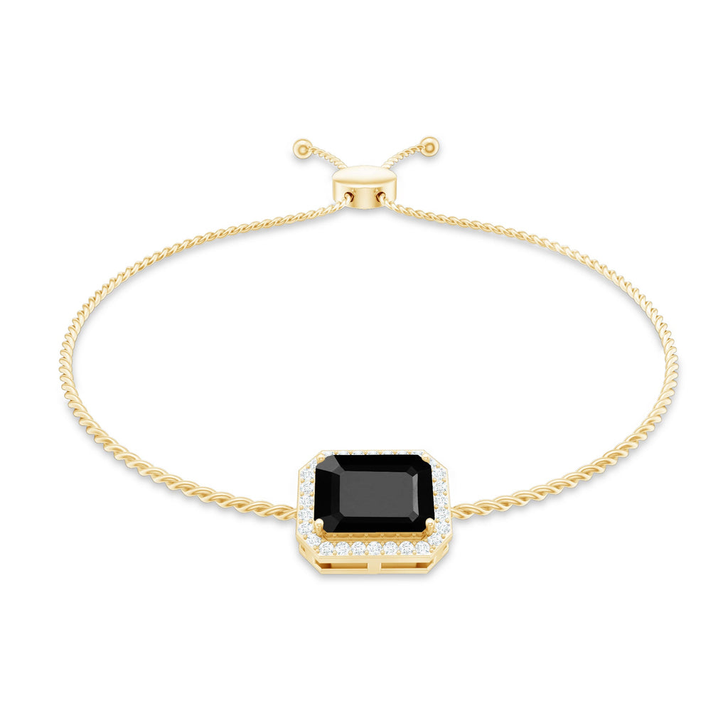 Black Onyx Bolo Bracelet – Emerald Cut Diamond Halo Adjustable Cord Jewelry