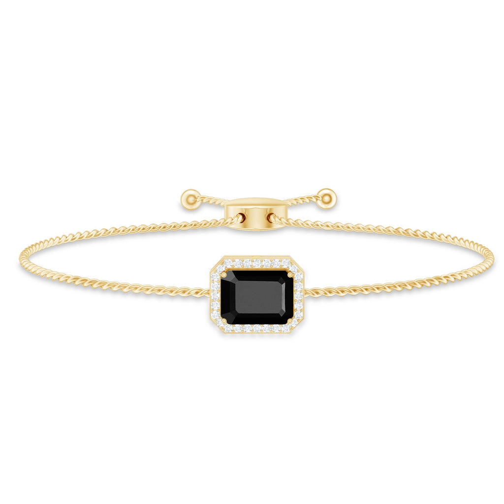 Black Onyx Bolo Bracelet – Emerald Cut Diamond Halo Adjustable Cord Jewelry