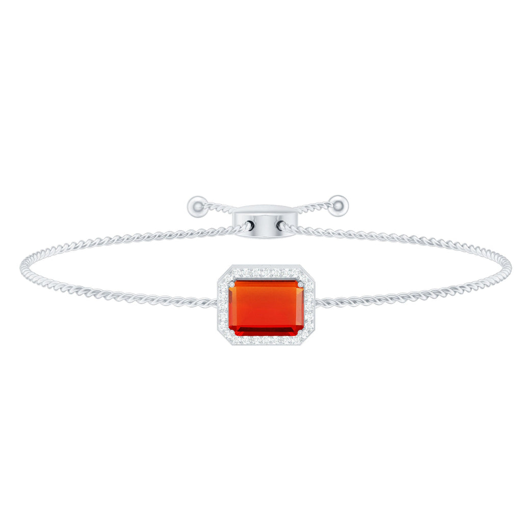 Fire Opal Bolo Bracelet – Emerald Cut Fire Opal with Diamond Halo, Adjustable