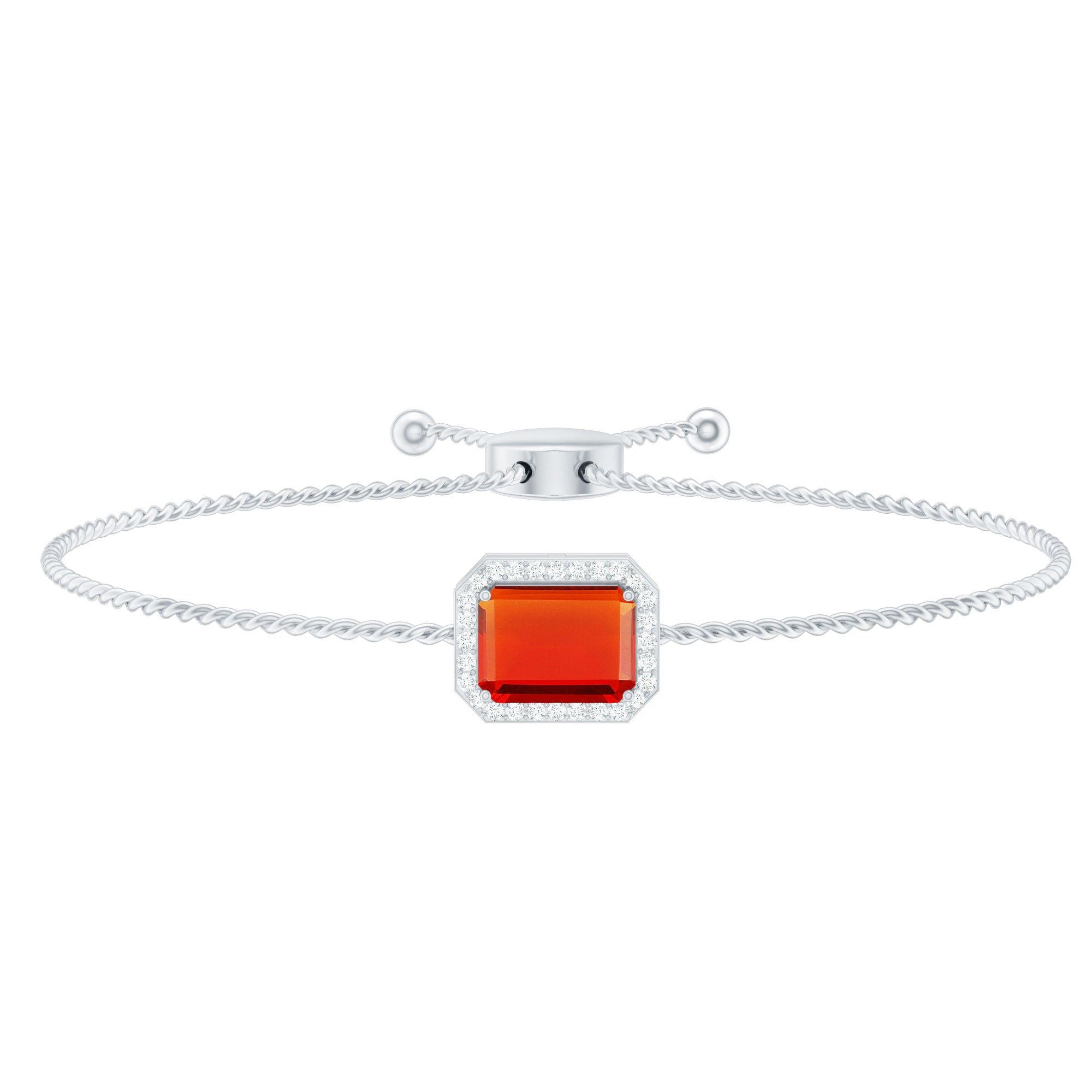 Fire Opal Bolo Bracelet – Emerald Cut Fire Opal with Diamond Halo, Adjustable