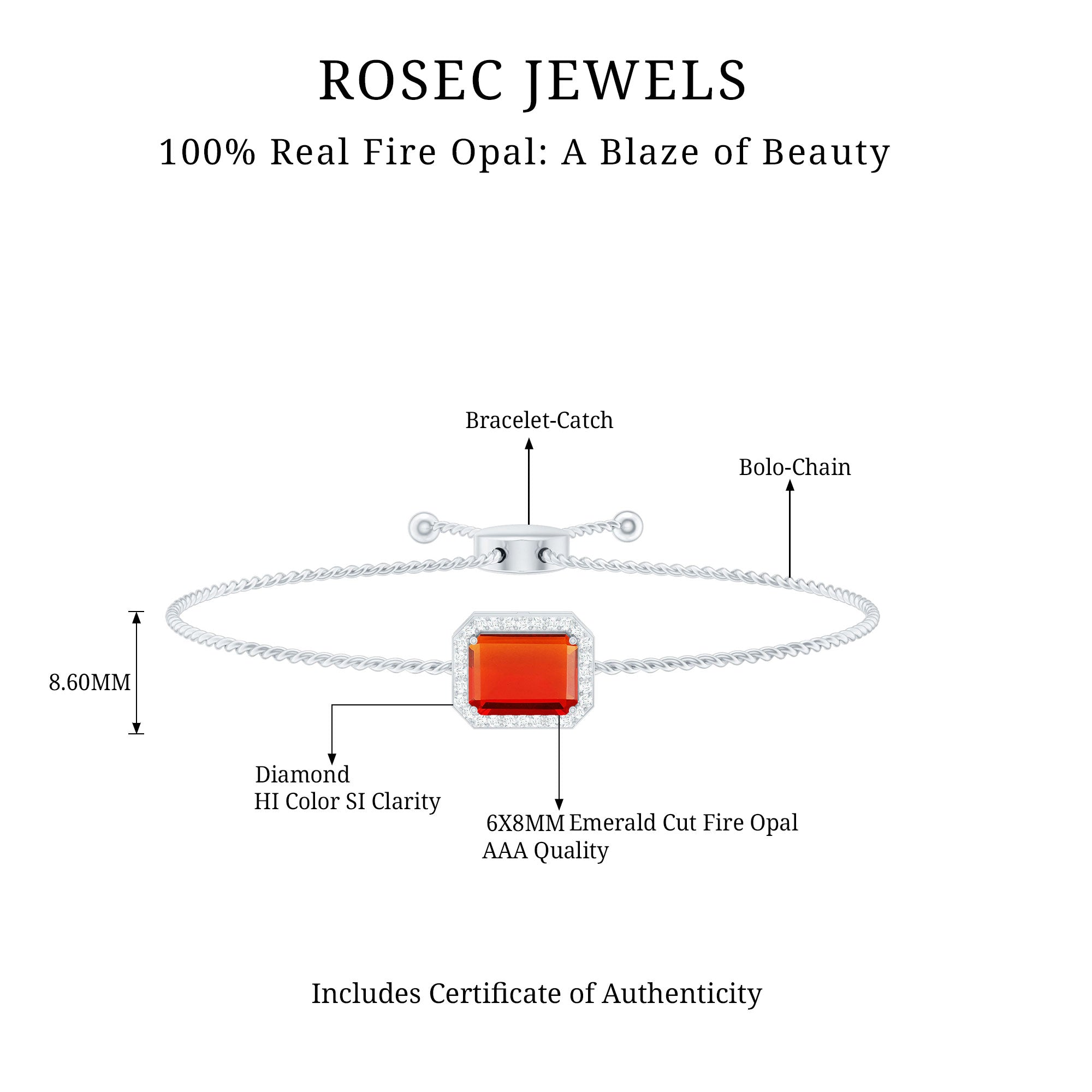 Fire Opal Bolo Bracelet – Emerald Cut Fire Opal with Diamond Halo, Adjustable