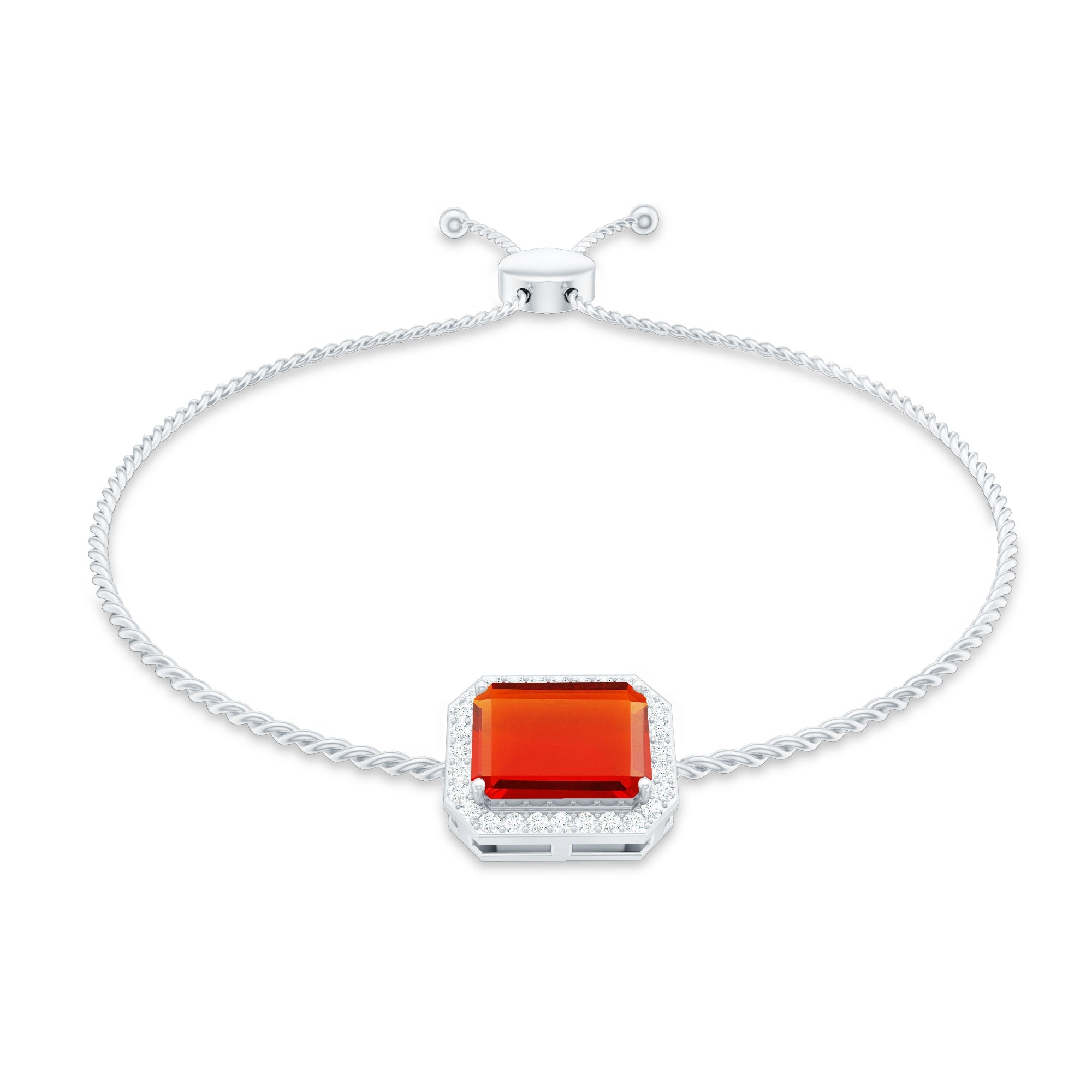 Fire Opal Bolo Bracelet – Emerald Cut Fire Opal with Diamond Halo, Adjustable