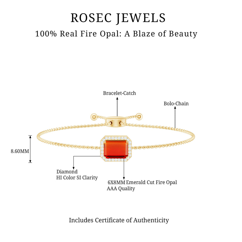 Fire Opal Bolo Bracelet – Emerald Cut Fire Opal with Diamond Halo, Adjustable