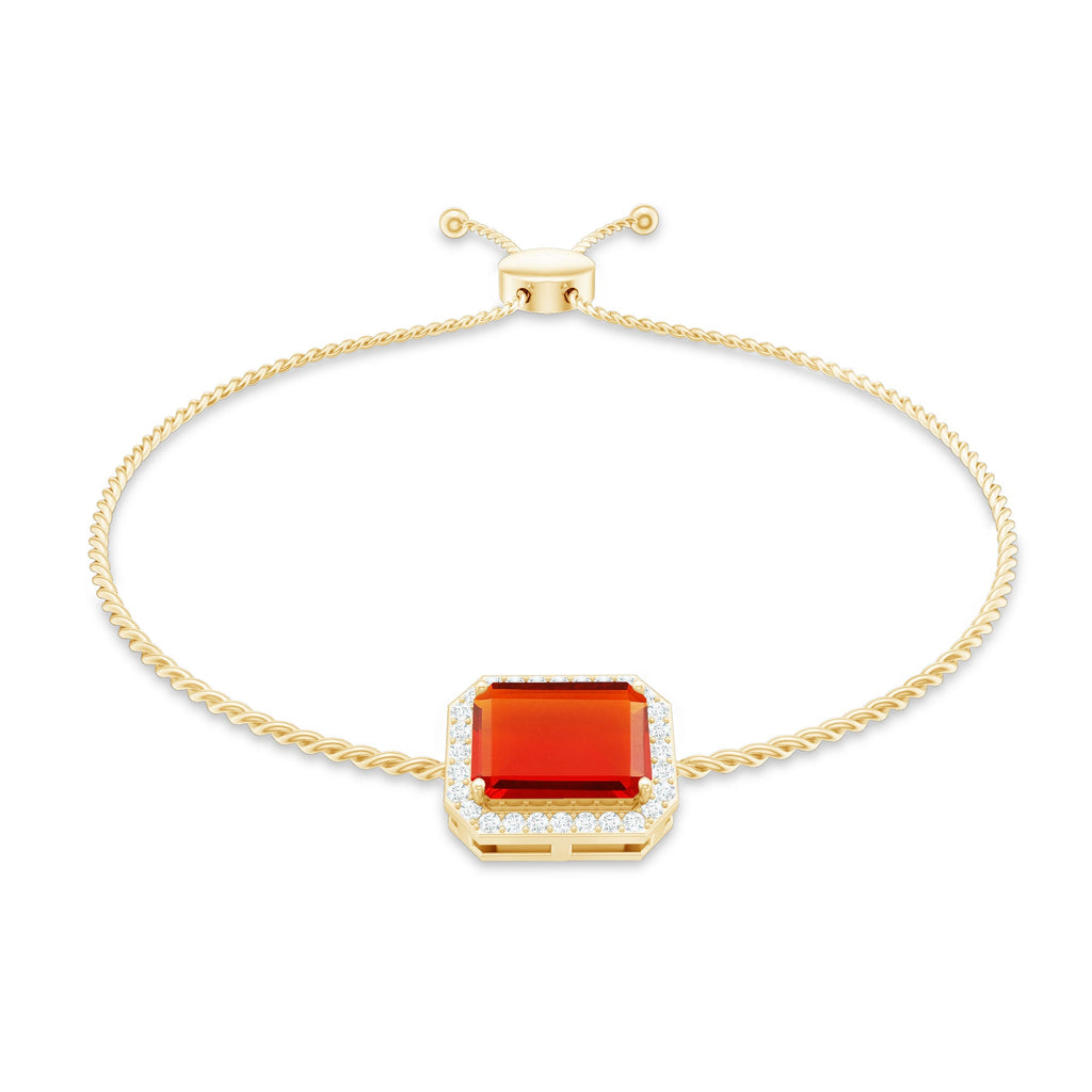 Fire Opal Bolo Bracelet – Emerald Cut Fire Opal with Diamond Halo, Adjustable
