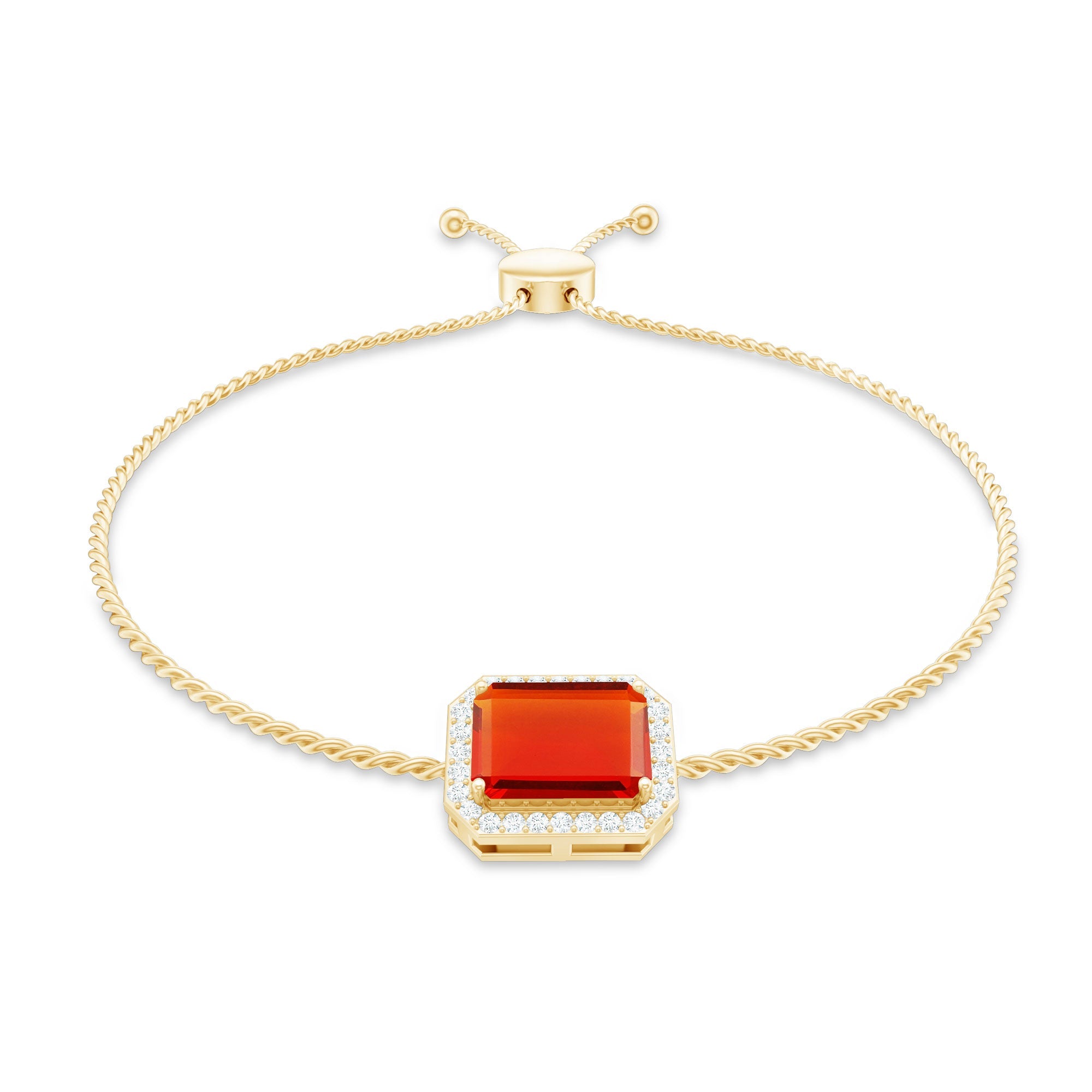 Fire Opal Bolo Bracelet – Emerald Cut Fire Opal with Diamond Halo, Adjustable