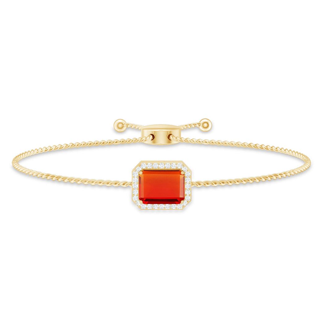 Fire Opal Bolo Bracelet – Emerald Cut Fire Opal with Diamond Halo, Adjustable