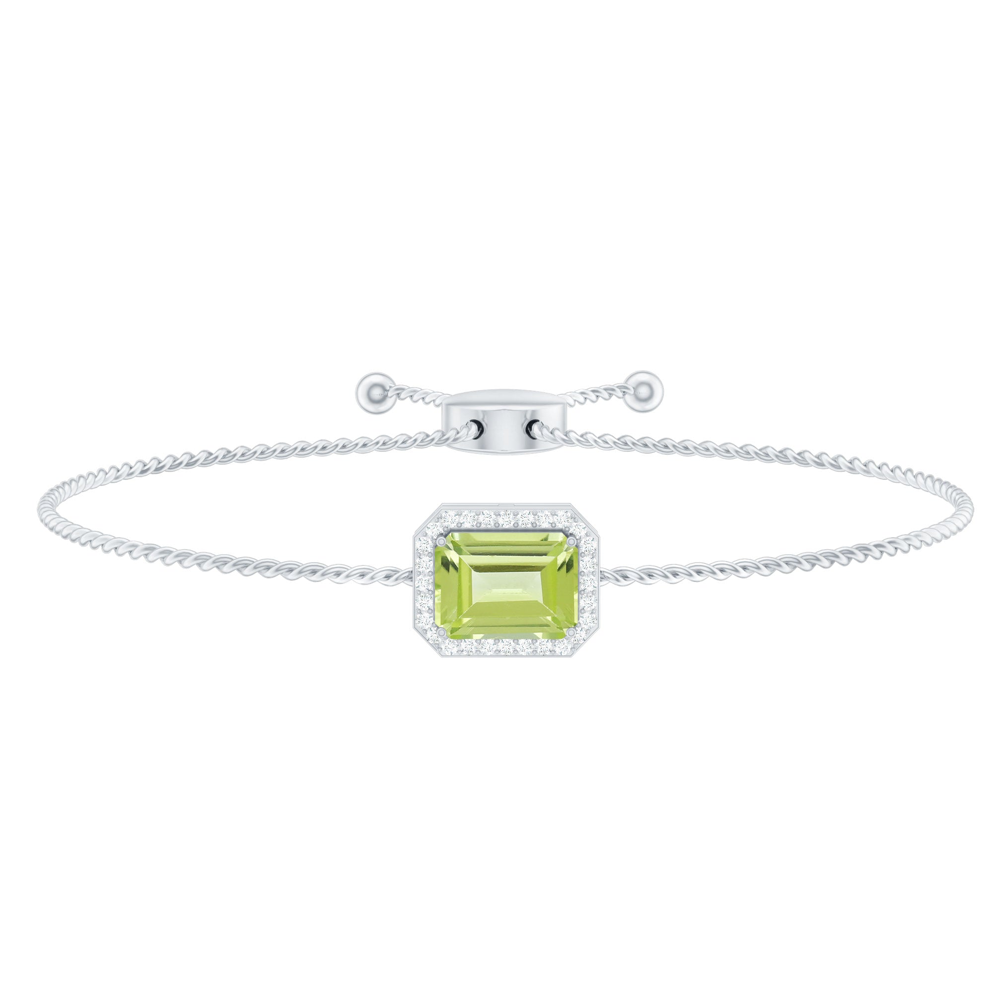 Peridot Bolo Bracelet – Adjustable Emerald Cut Bracelet With Diamond Halo
