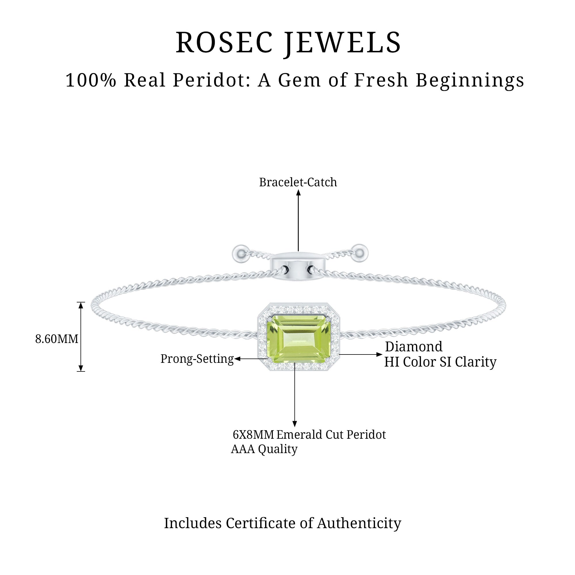 Peridot Bolo Bracelet – Adjustable Emerald Cut Bracelet With Diamond Halo