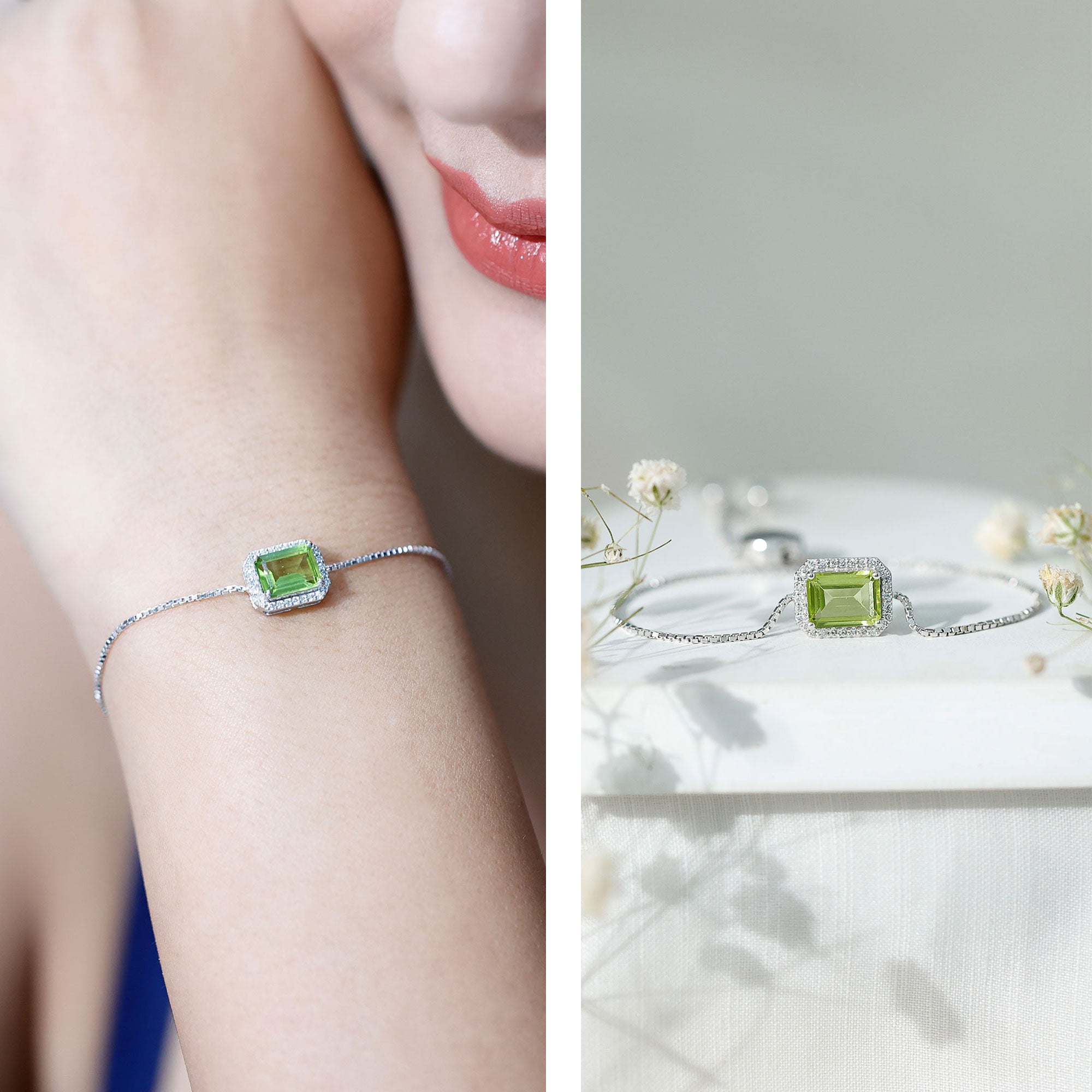 Peridot Bolo Bracelet – Adjustable Emerald Cut Bracelet With Diamond Halo