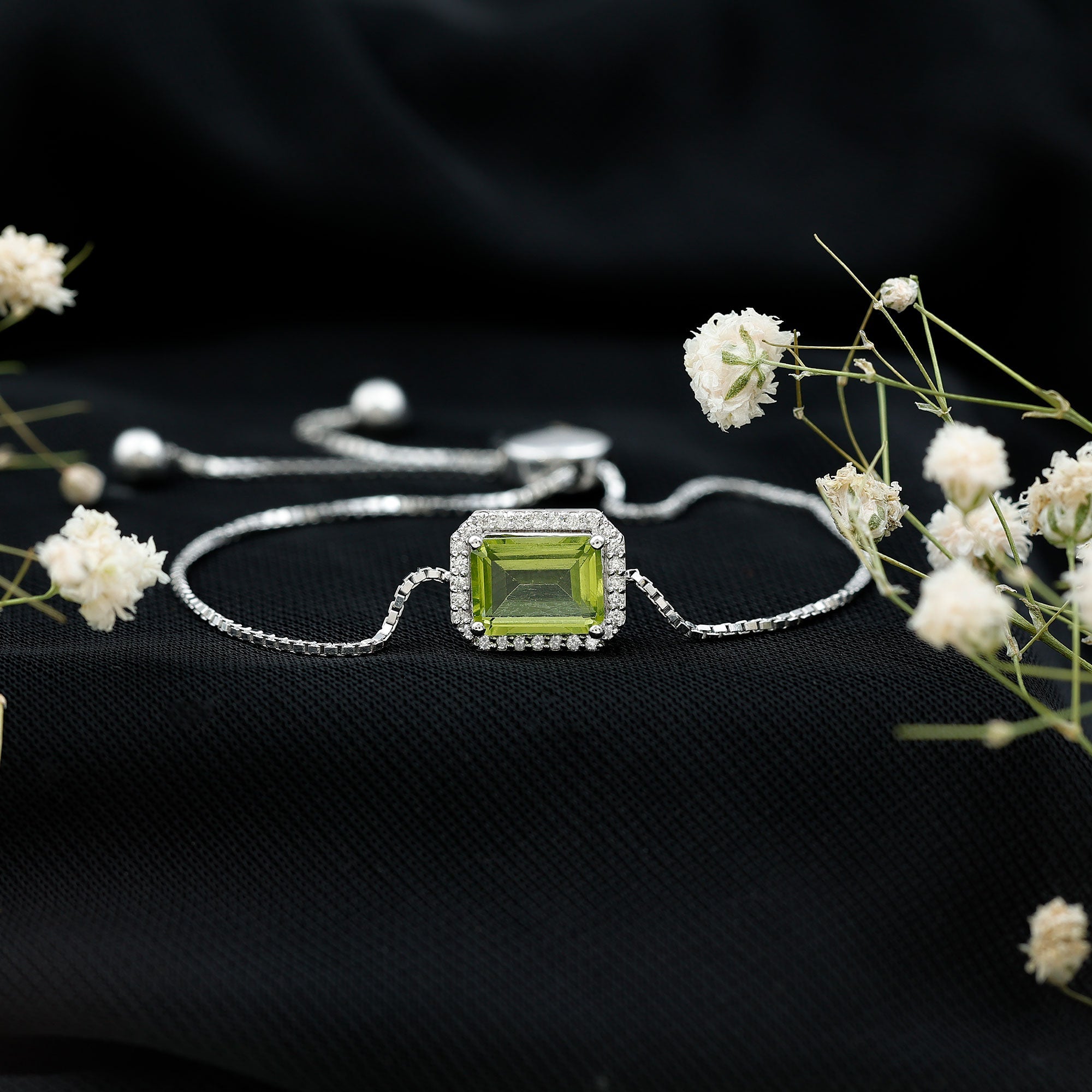 Peridot Bolo Bracelet – Adjustable Emerald Cut Bracelet With Diamond Halo