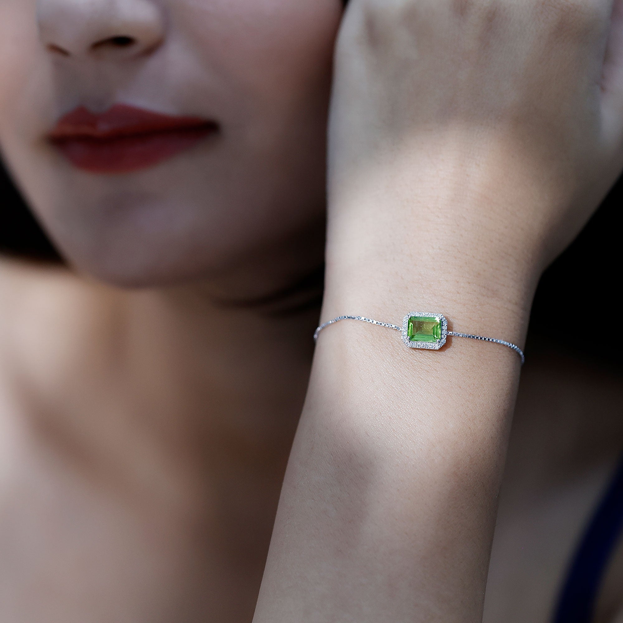 Peridot Bolo Bracelet – Adjustable Emerald Cut Bracelet With Diamond Halo