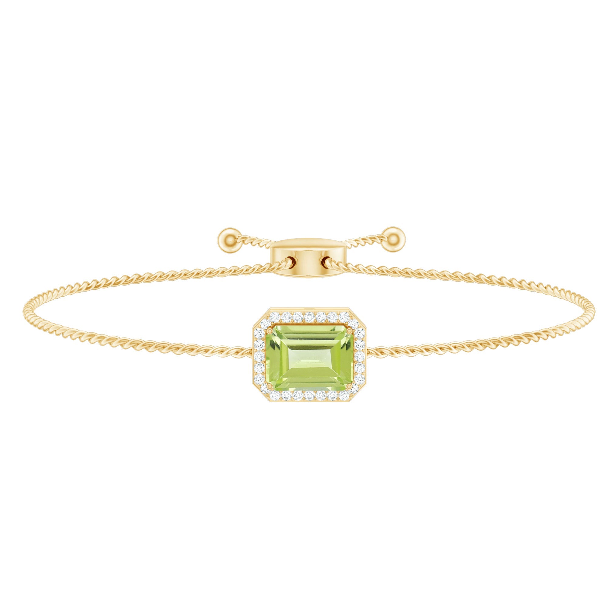 Peridot Bolo Bracelet – Adjustable Emerald Cut Bracelet With Diamond Halo