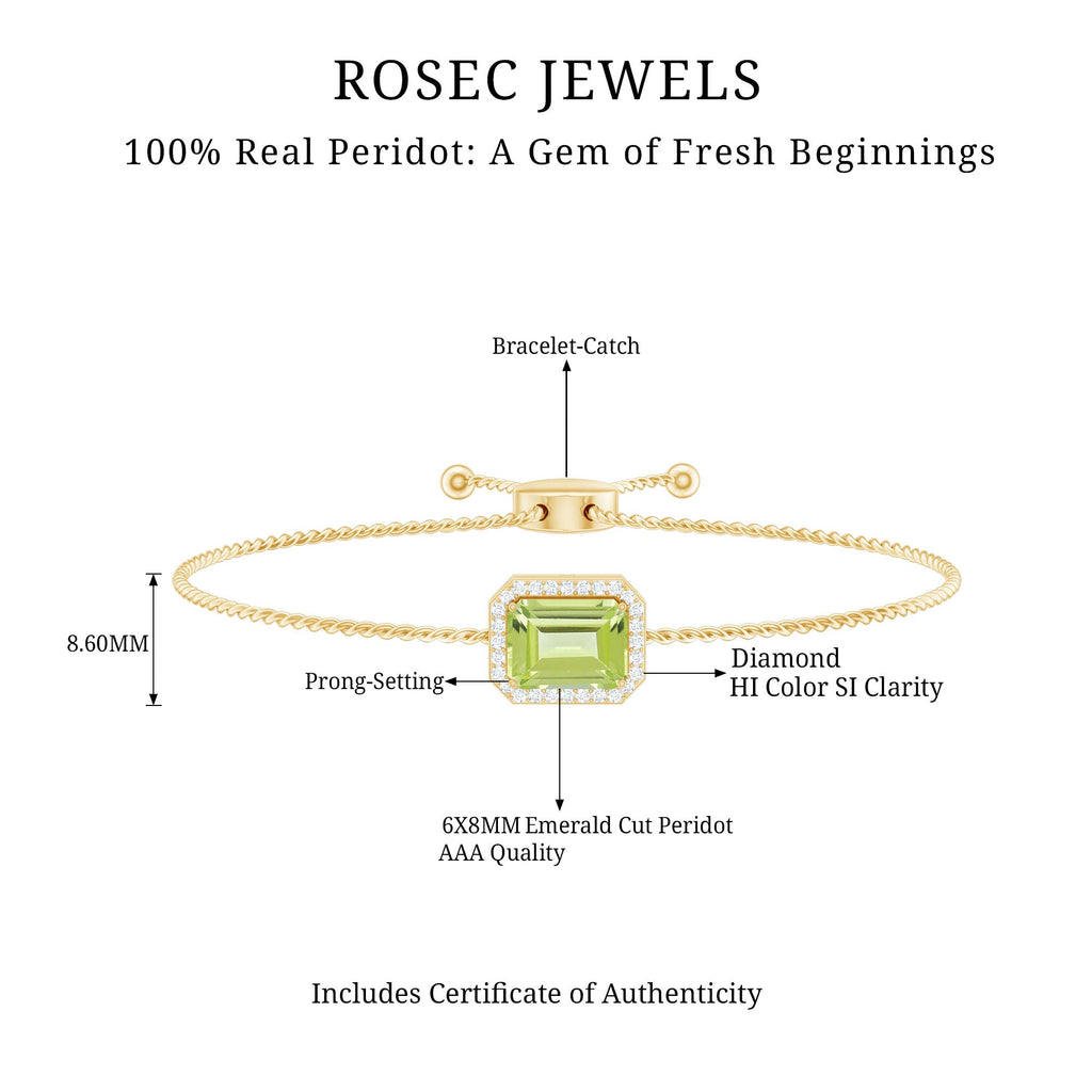 Peridot Bolo Bracelet – Adjustable Emerald Cut Bracelet With Diamond Halo
