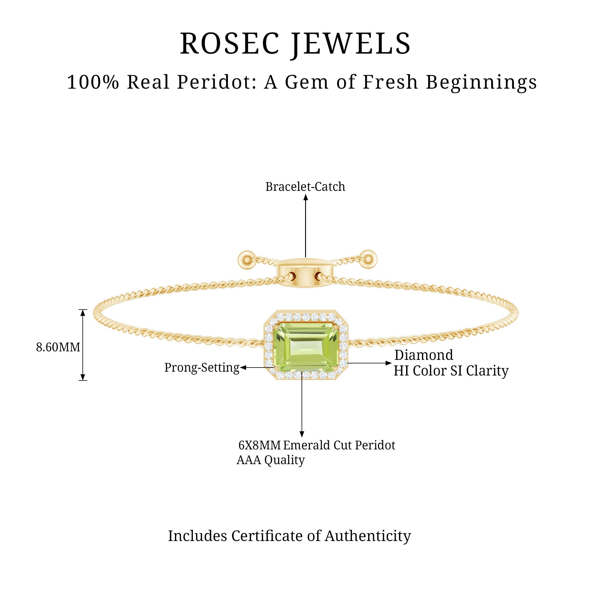 Peridot Bolo Bracelet – Adjustable Emerald Cut Bracelet With Diamond Halo