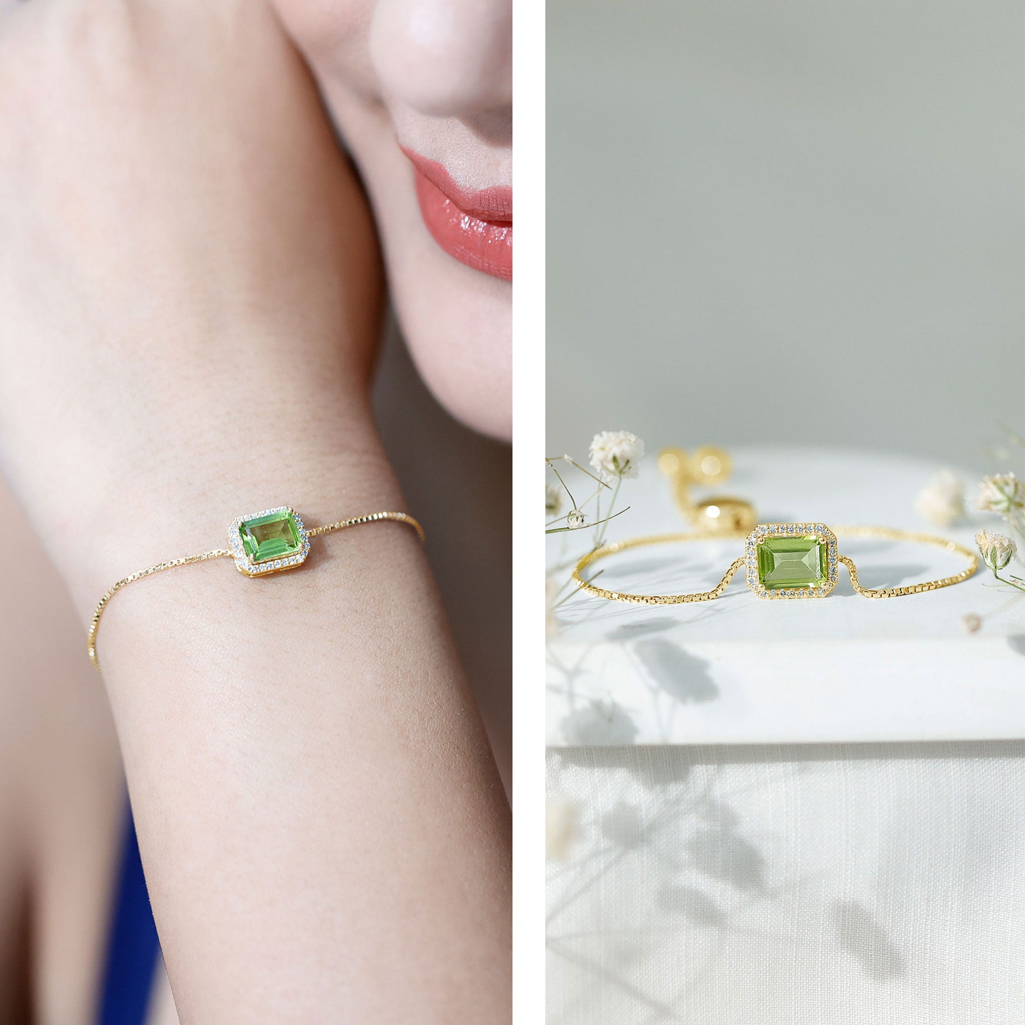 Peridot Bolo Bracelet – Adjustable Emerald Cut Bracelet With Diamond Halo