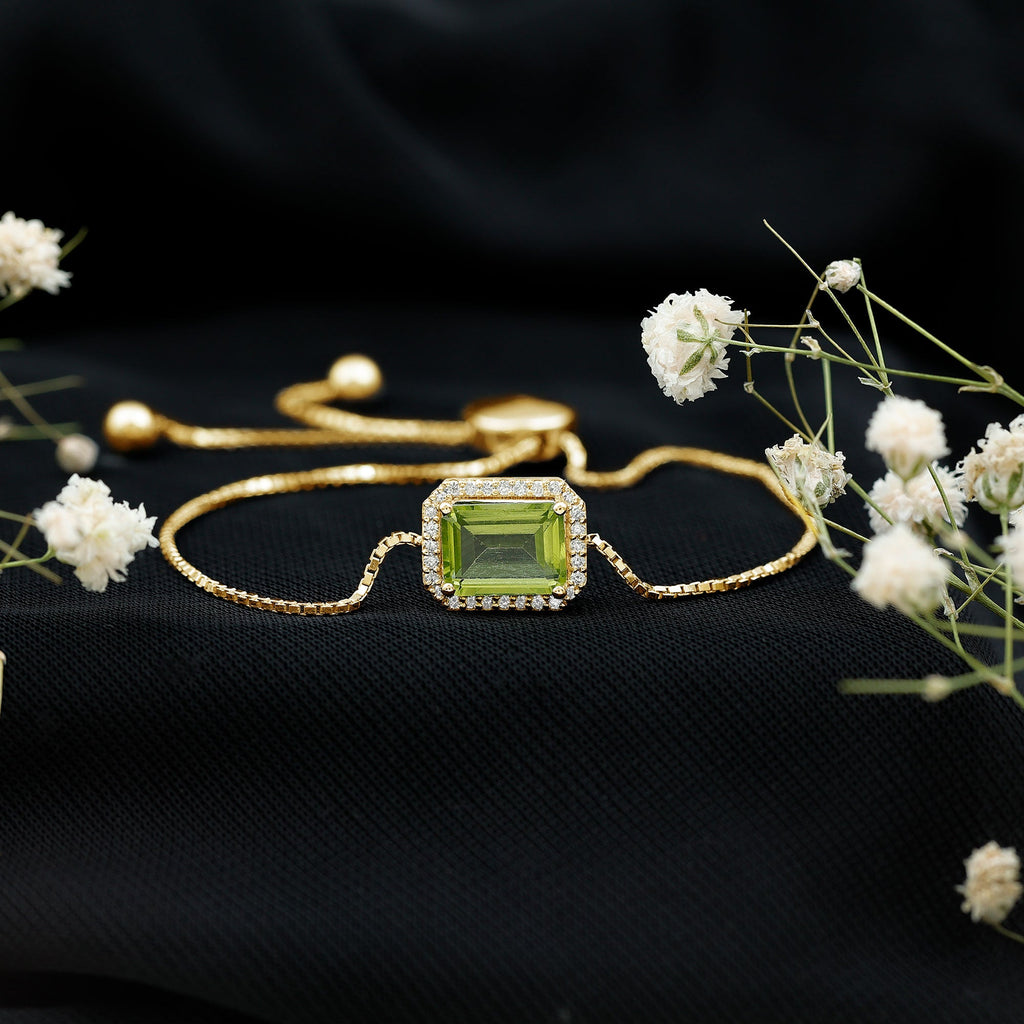 Peridot Bolo Bracelet – Adjustable Emerald Cut Bracelet With Diamond Halo