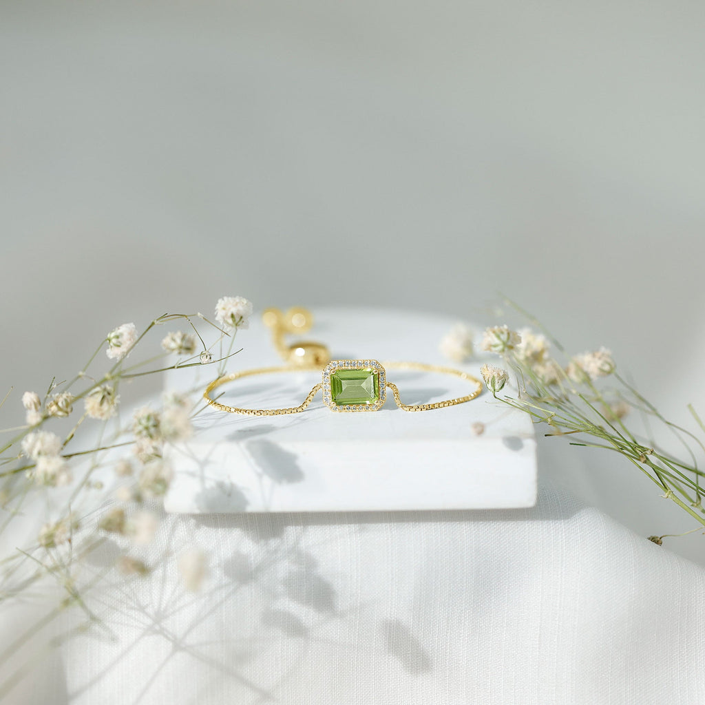 Peridot Bolo Bracelet – Adjustable Emerald Cut Bracelet With Diamond Halo