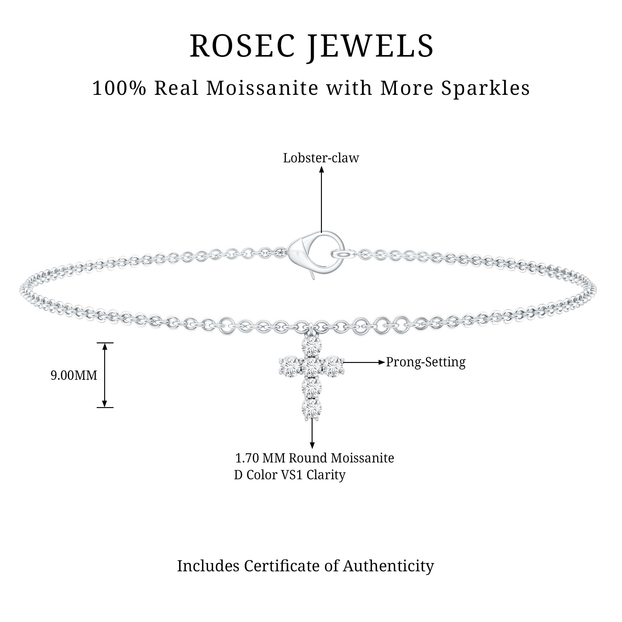 Moissanite Cross Bracelet - Dainty Cross Charm Chain with Sparkling Stones