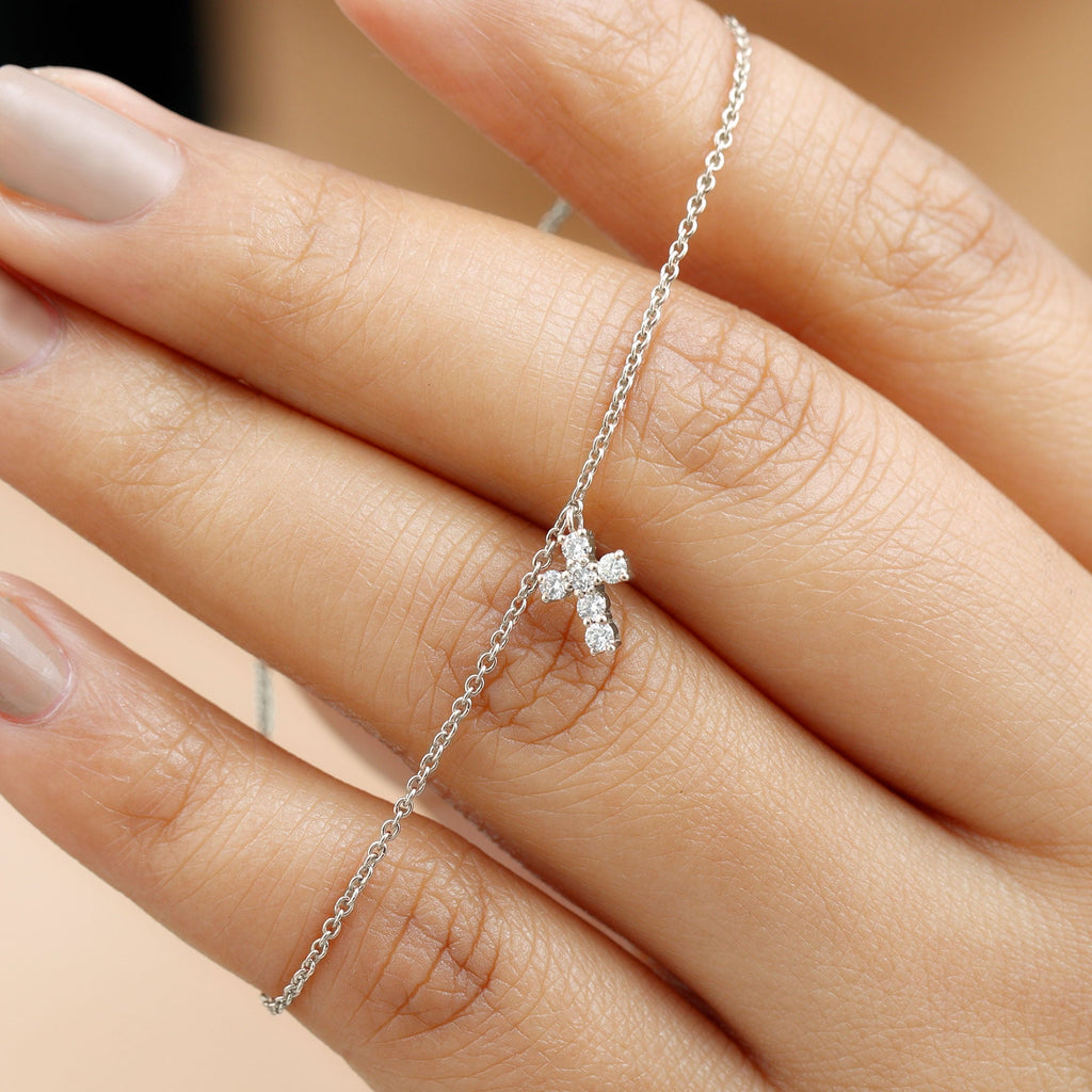 Moissanite Cross Bracelet - Dainty Cross Charm Chain with Sparkling Stones