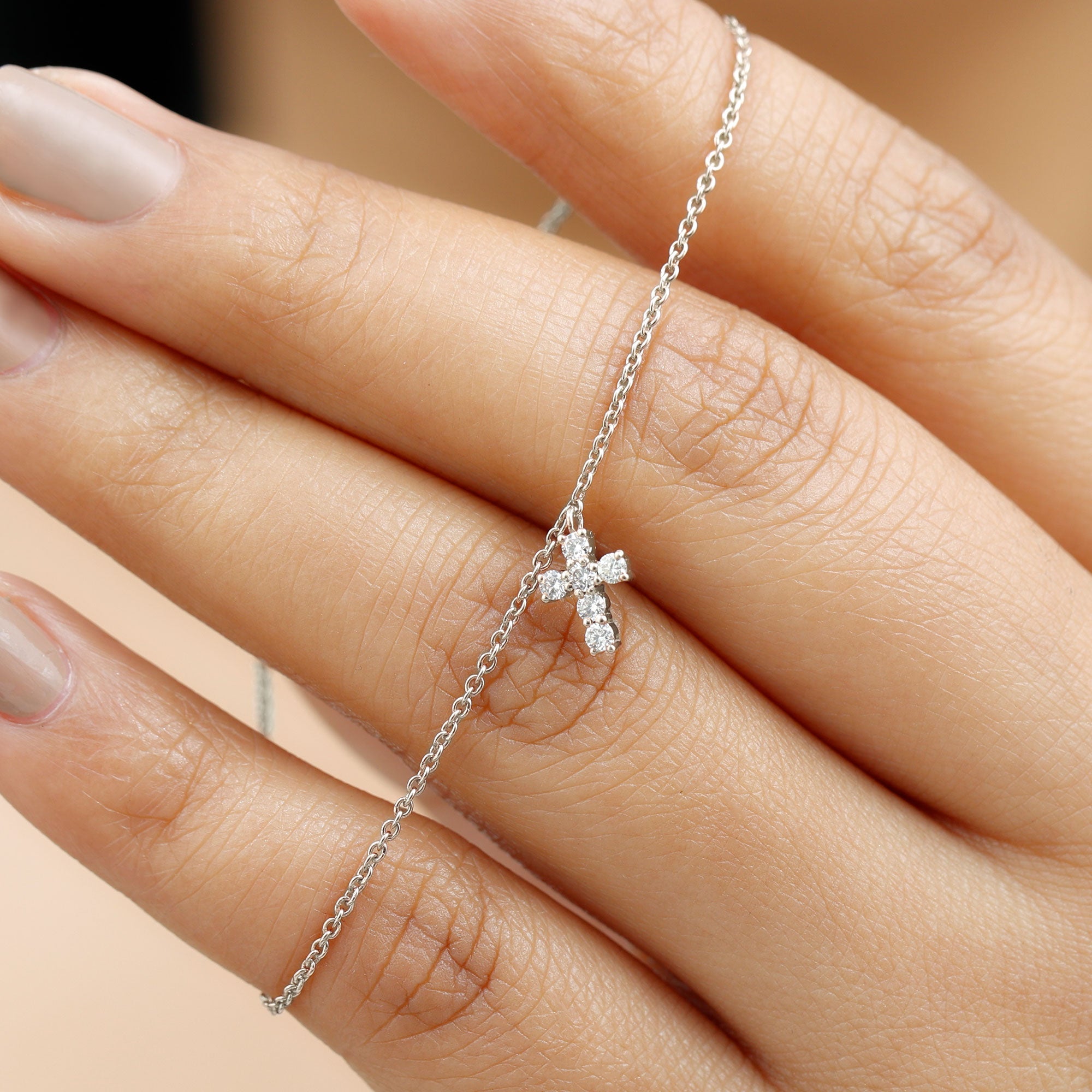 Moissanite Cross Bracelet - Dainty Cross Charm Chain with Sparkling Stones
