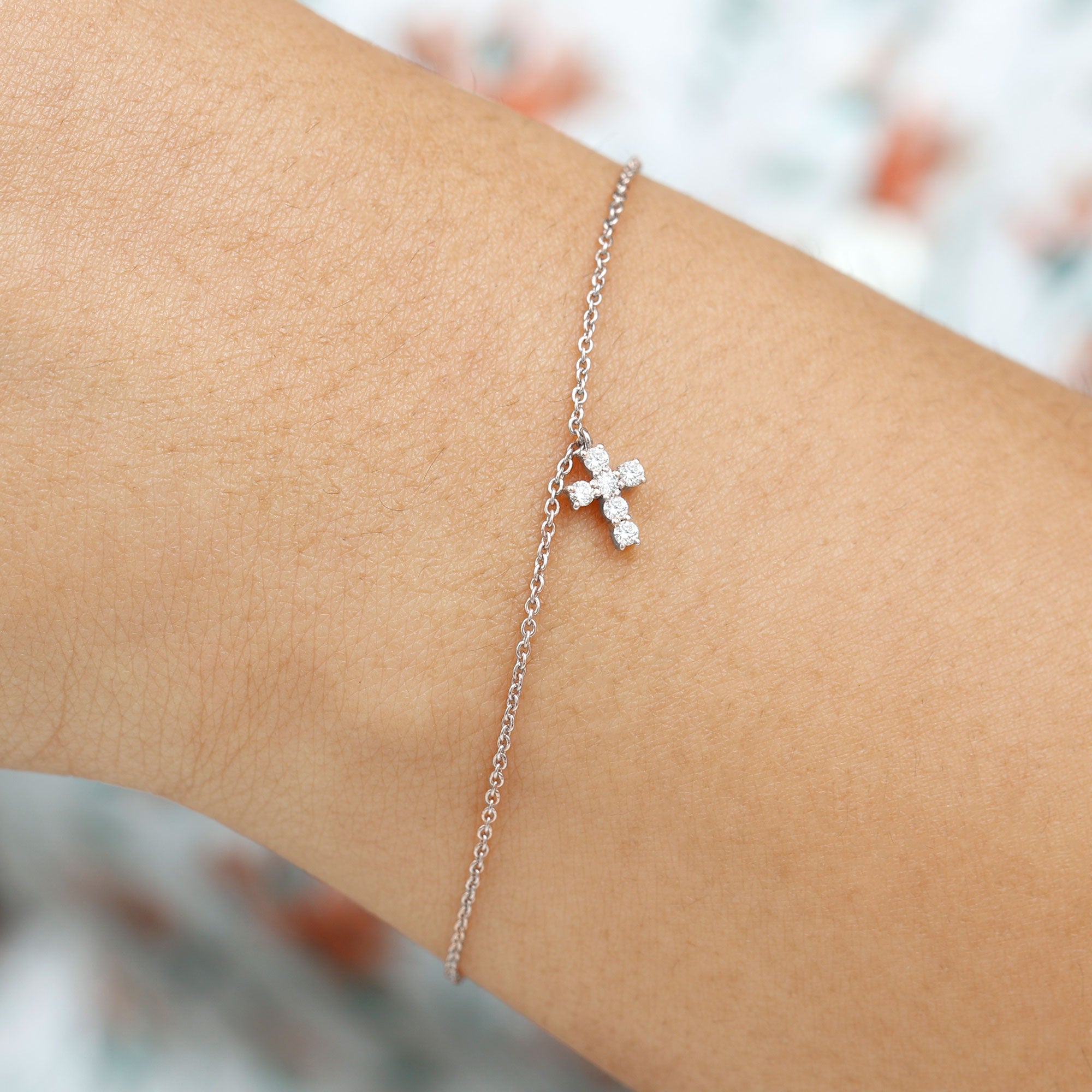 Moissanite Cross Bracelet - Dainty Cross Charm Chain with Sparkling Stones