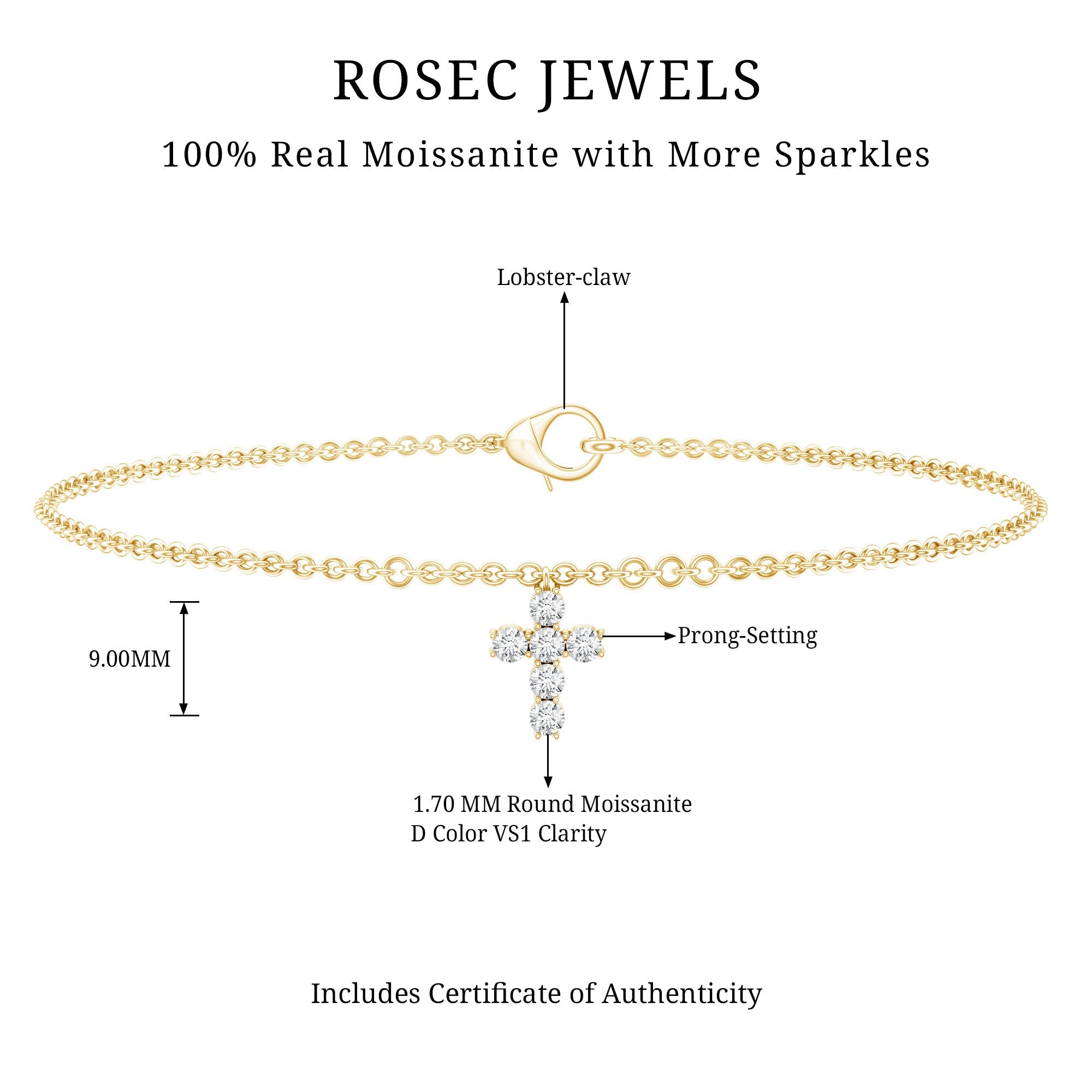 Moissanite Cross Bracelet - Dainty Cross Charm Chain with Sparkling Stones