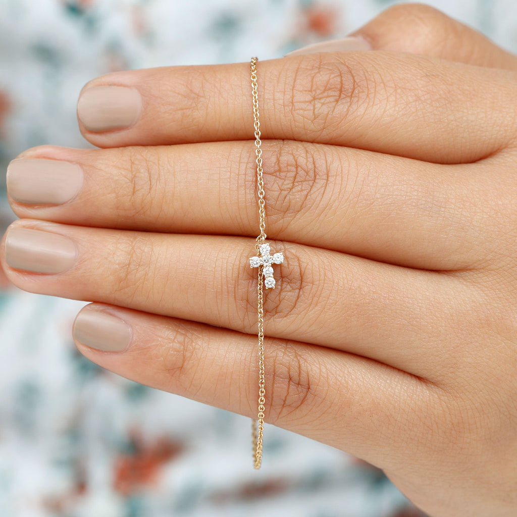 Moissanite Cross Bracelet - Dainty Cross Charm Chain with Sparkling Stones