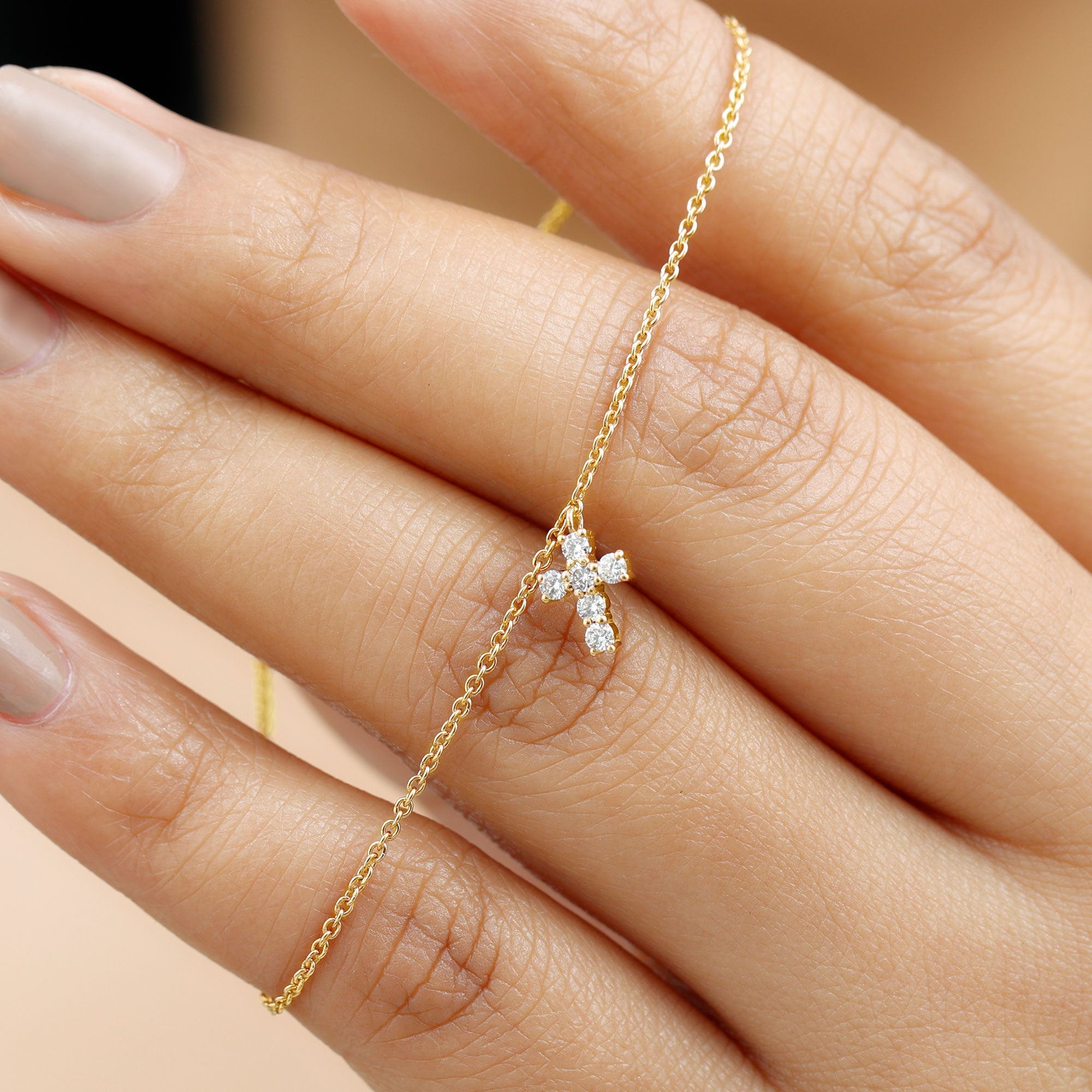 Moissanite Cross Bracelet - Dainty Cross Charm Chain with Sparkling Stones