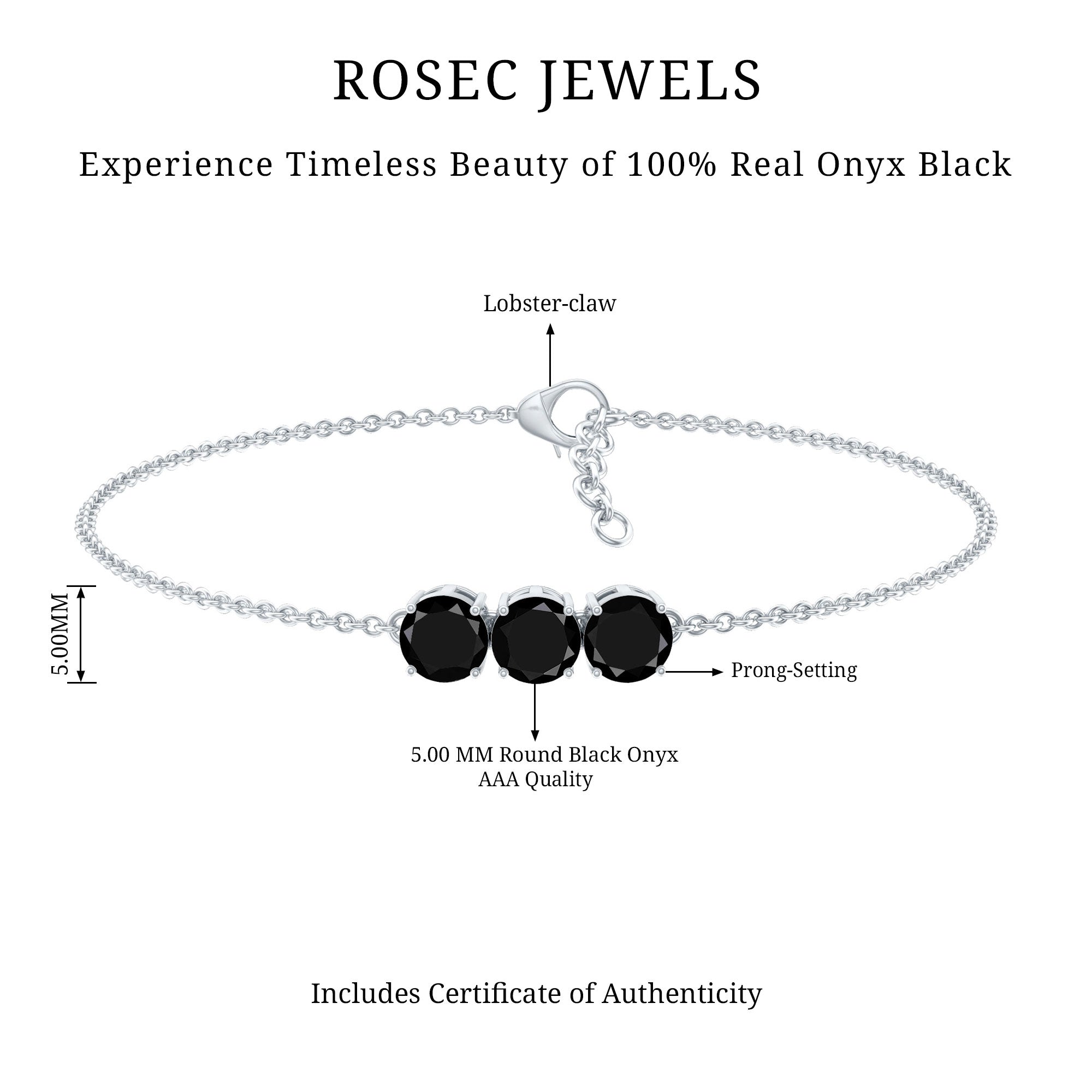 Black Onyx Bracelet - Three Stone Cable Chain With AAA Quality Onyx Gems