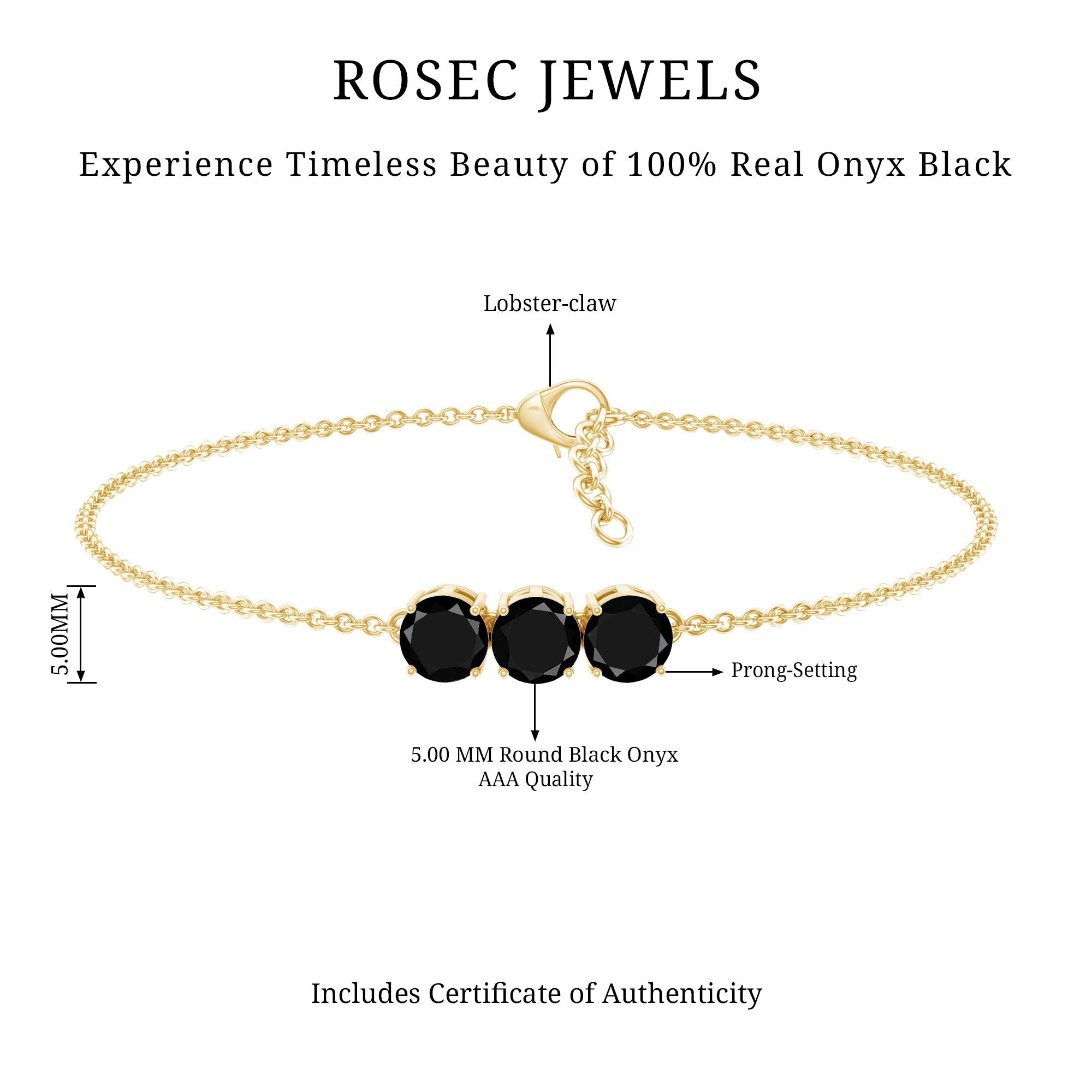 Black Onyx Bracelet - Three Stone Cable Chain With AAA Quality Onyx Gems