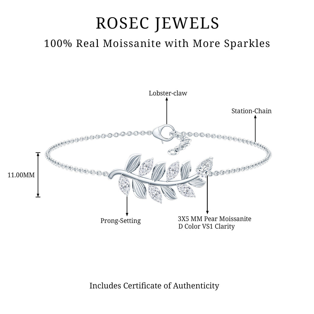 Moissanite Leaf Bracelet – Delicate Chain, Marquise & Pear Cut Gemstones