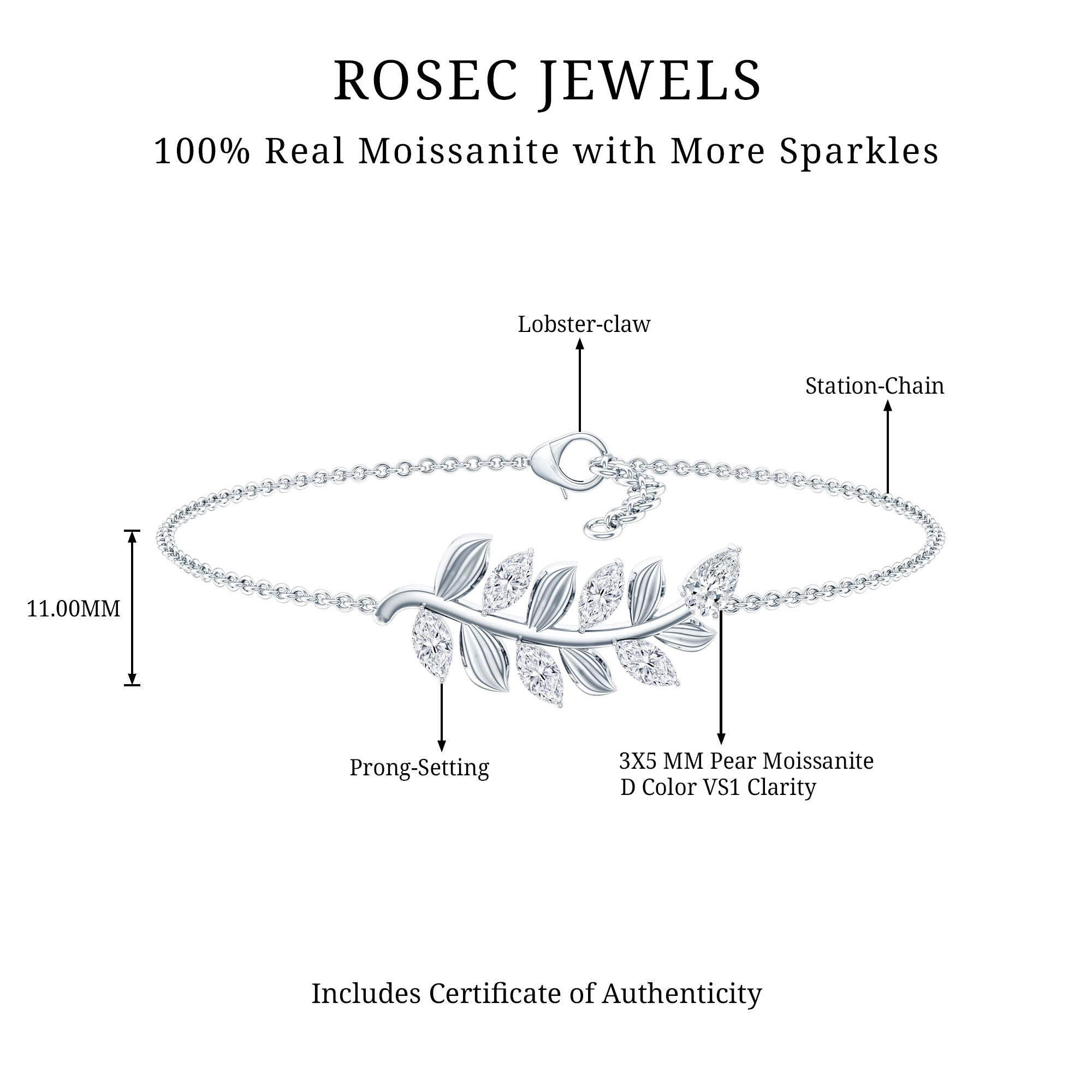 Moissanite Leaf Bracelet – Delicate Chain, Marquise & Pear Cut Gemstones