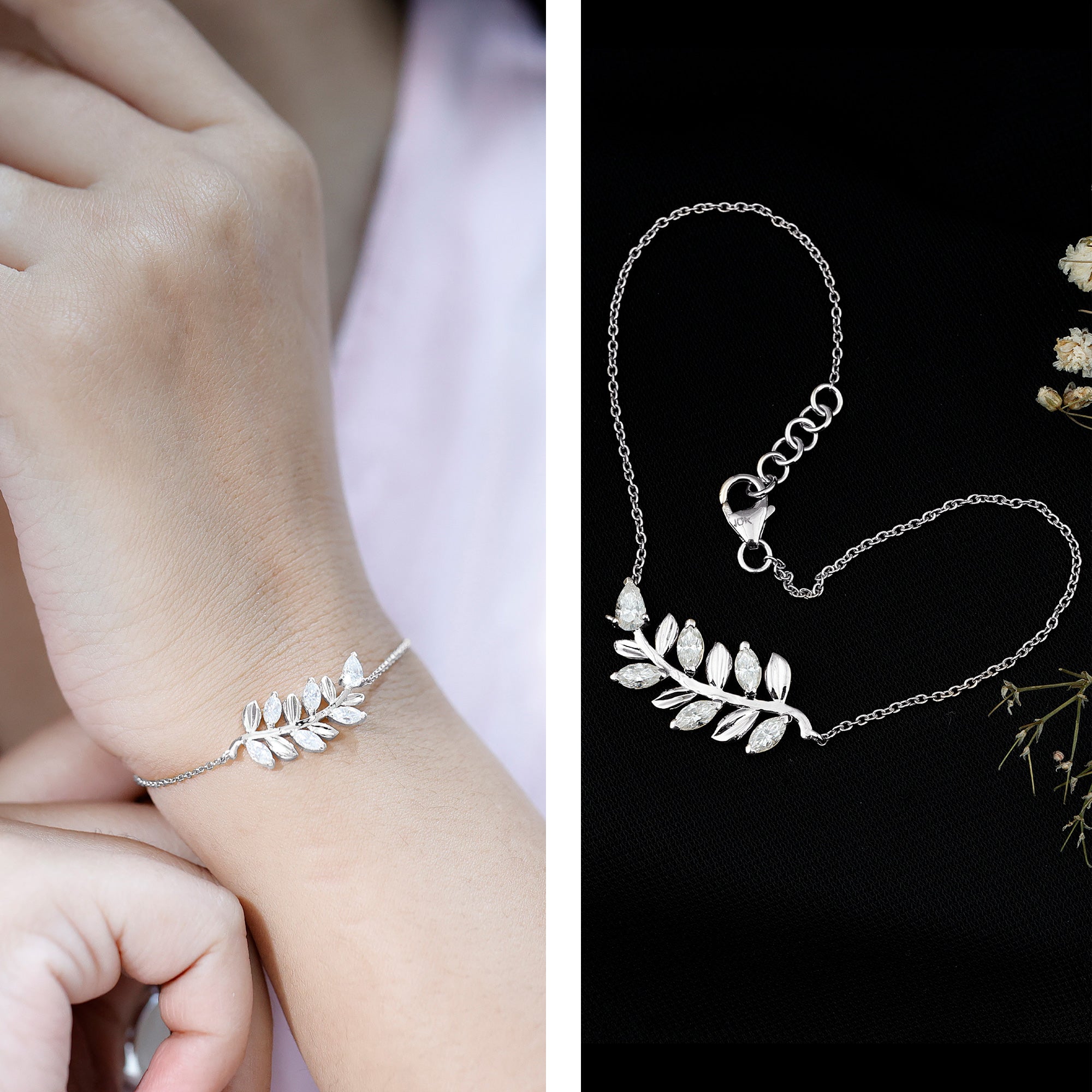 Moissanite Leaf Bracelet – Delicate Chain, Marquise & Pear Cut Gemstones