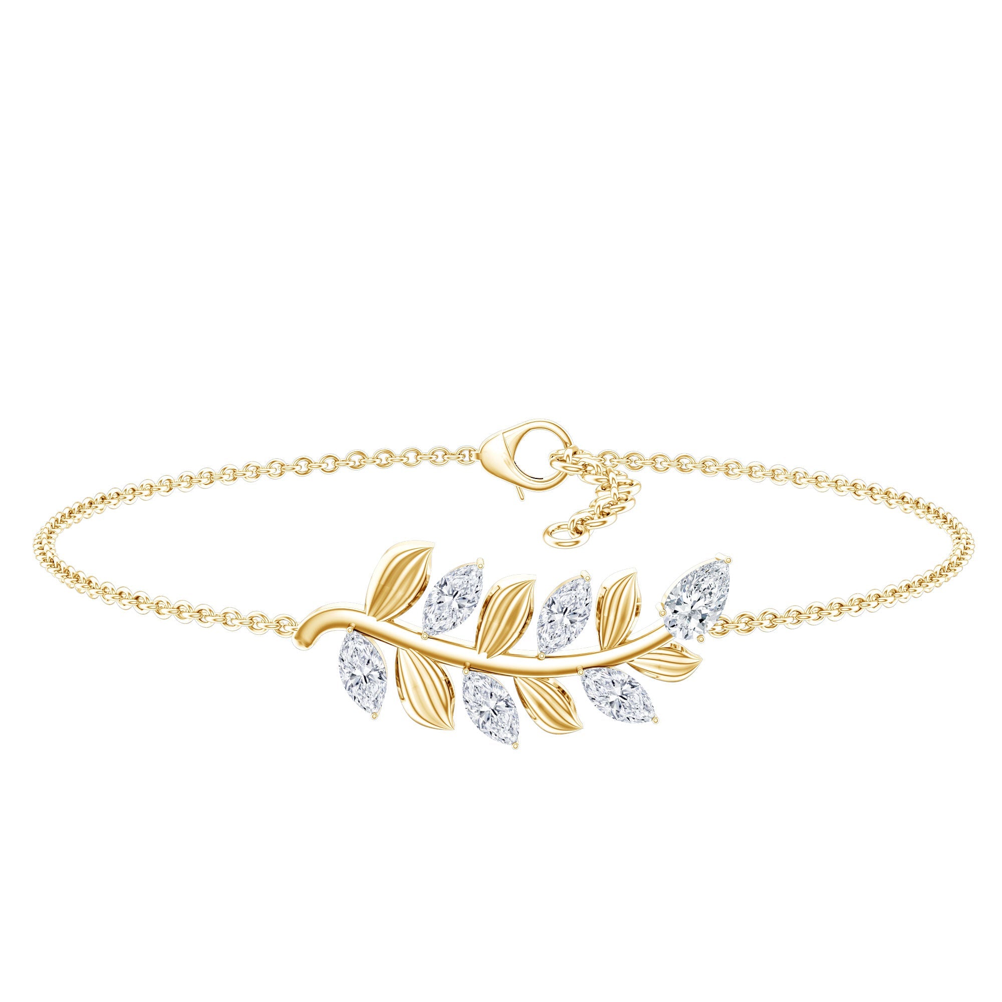 Moissanite Leaf Bracelet – Delicate Chain, Marquise & Pear Cut Gemstones