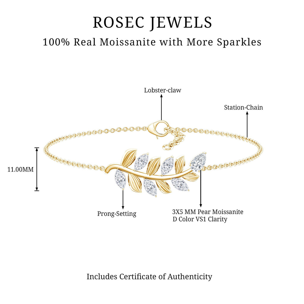 Moissanite Leaf Bracelet – Delicate Chain, Marquise & Pear Cut Gemstones