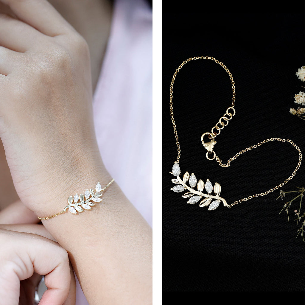 Moissanite Leaf Bracelet – Delicate Chain, Marquise & Pear Cut Gemstones