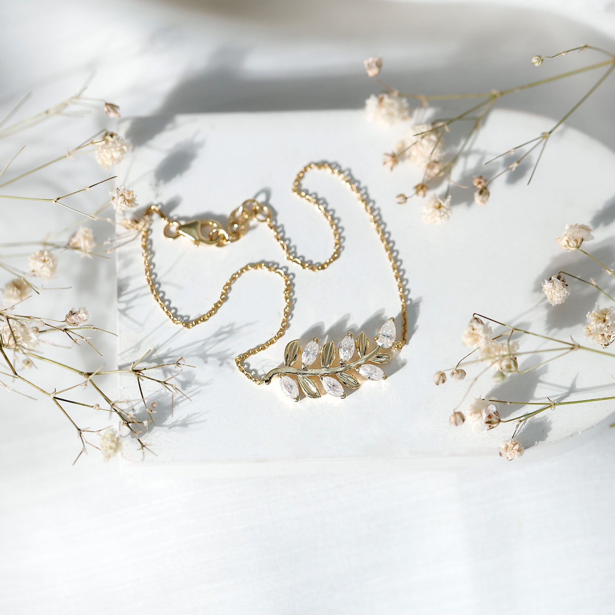 Moissanite Leaf Bracelet – Delicate Chain, Marquise & Pear Cut Gemstones