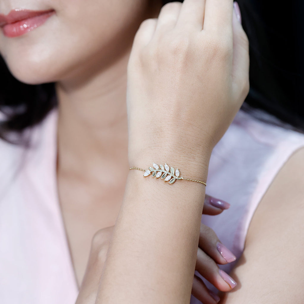 Moissanite Leaf Bracelet – Delicate Chain, Marquise & Pear Cut Gemstones