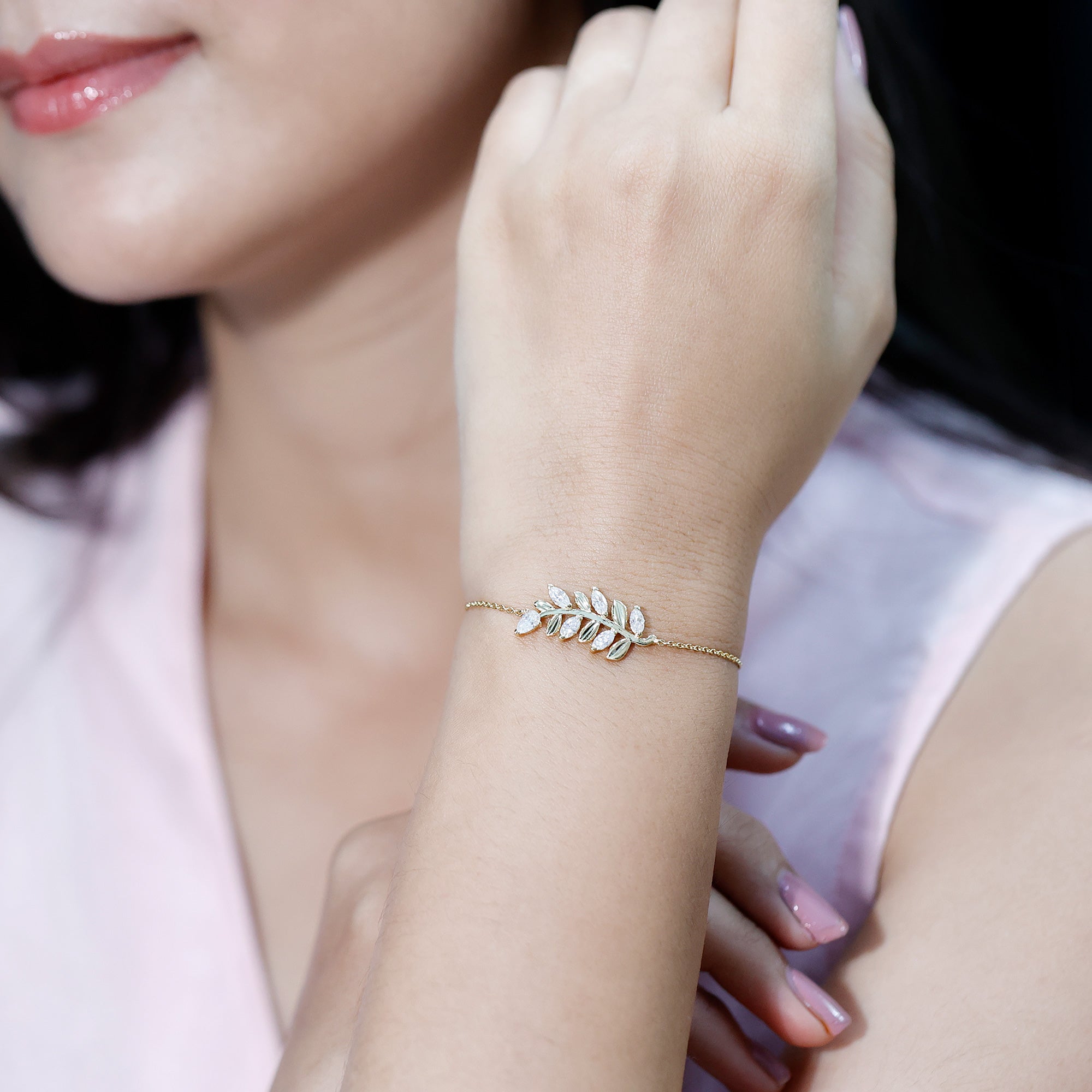 Moissanite Leaf Bracelet – Delicate Chain, Marquise & Pear Cut Gemstones