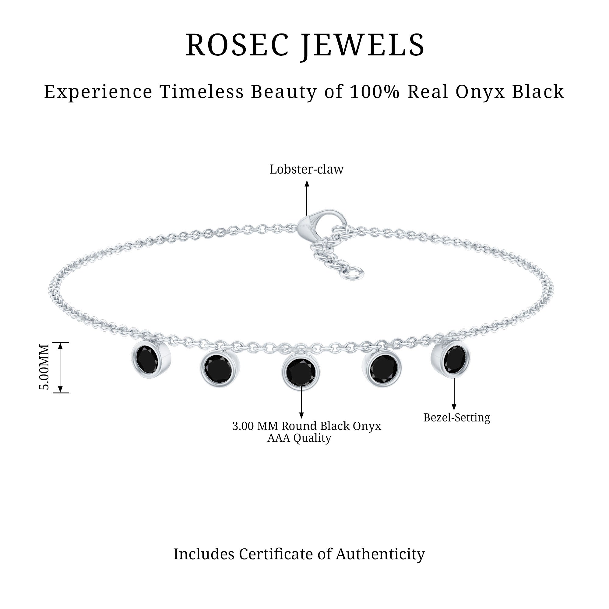 Black Onyx Bracelet – Certified Five Stone Bezel Setting Charm for Women