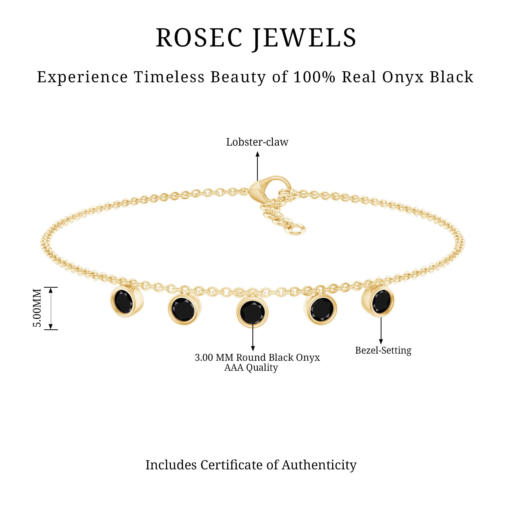Black Onyx Bracelet – Certified Five Stone Bezel Setting Charm for Women