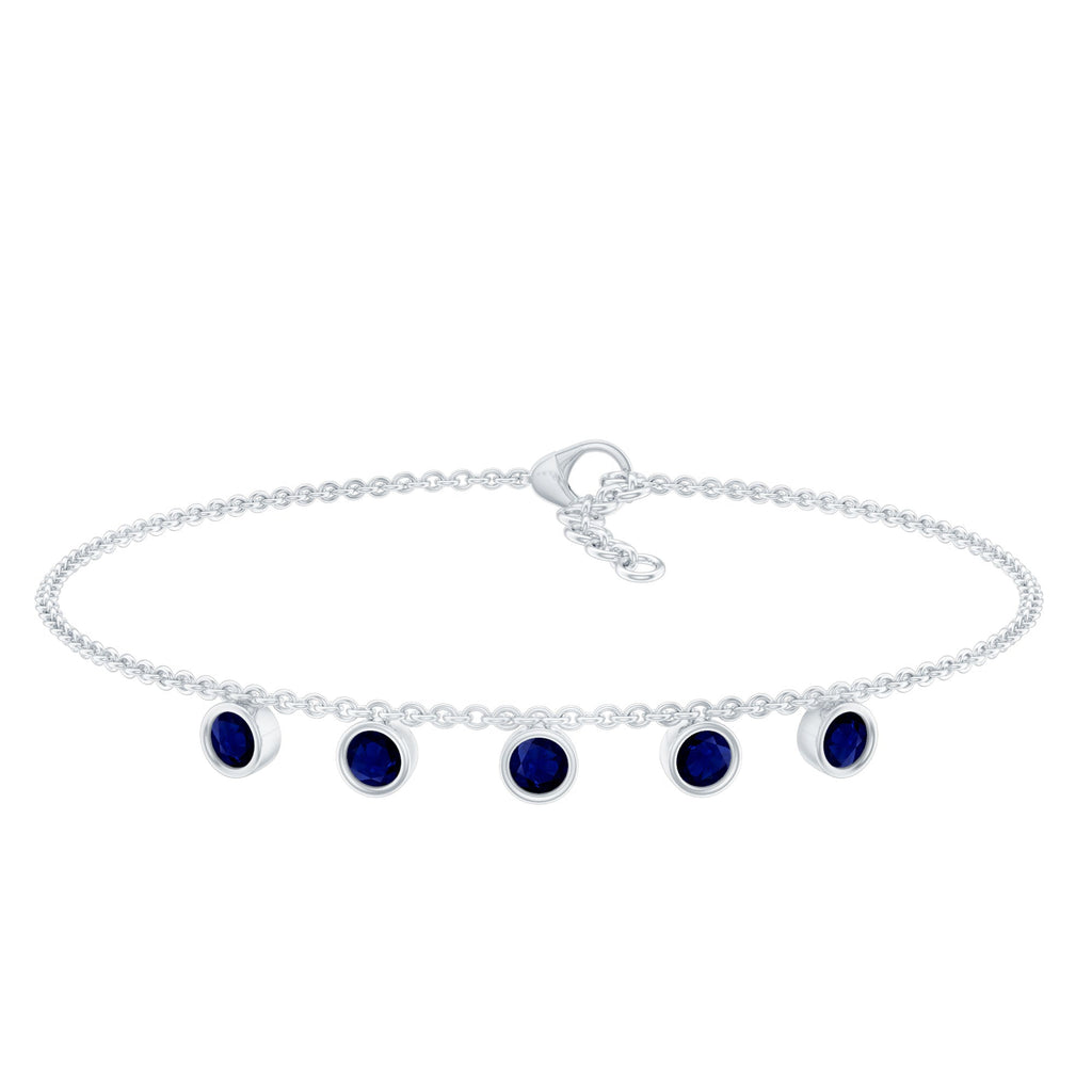 Blue Sapphire Bracelet – Bezel Set 5 Stone Station Chain Charm with Adjustable Lobster Clasp