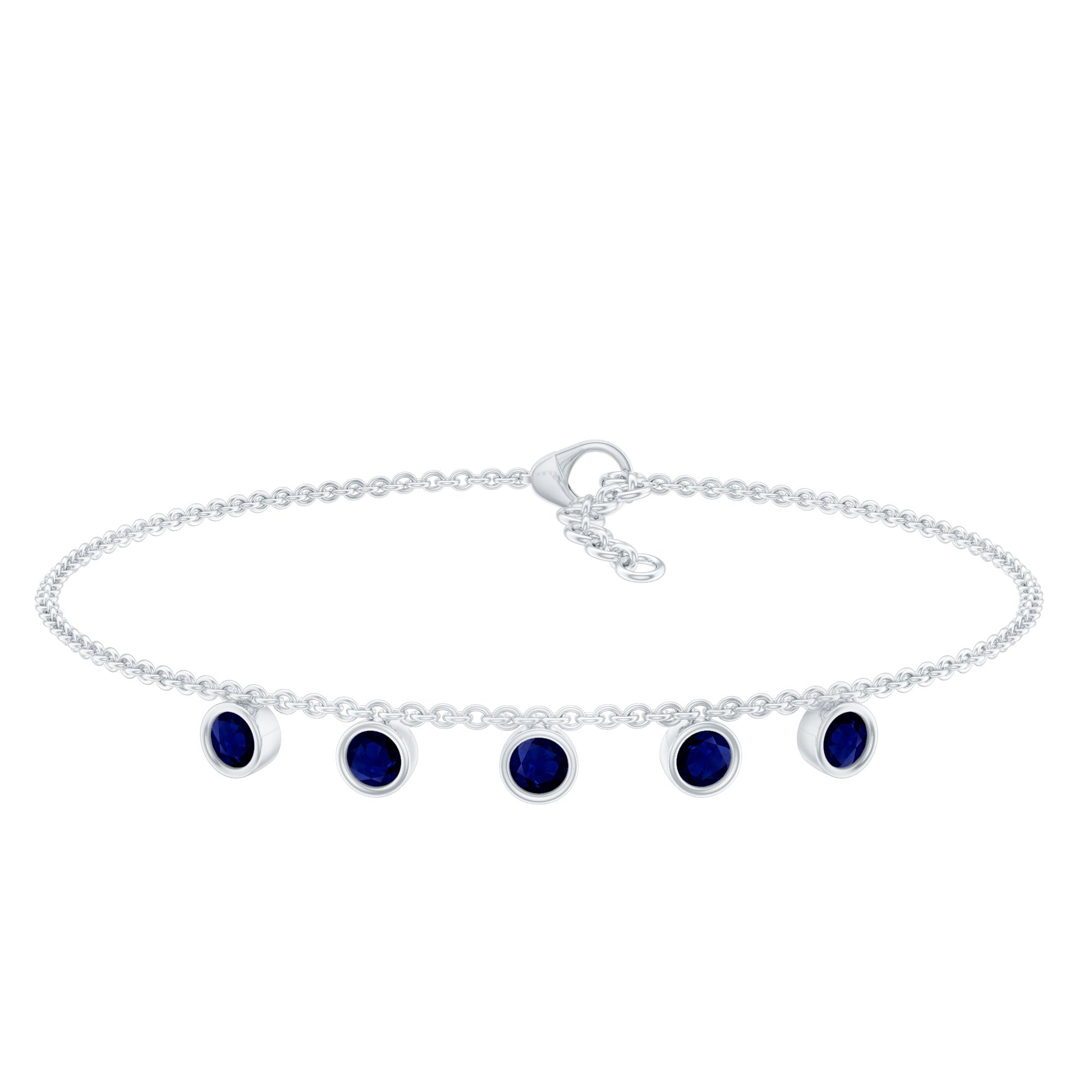 Blue Sapphire Bracelet – Bezel Set 5 Stone Station Chain Charm with Adjustable Lobster Clasp