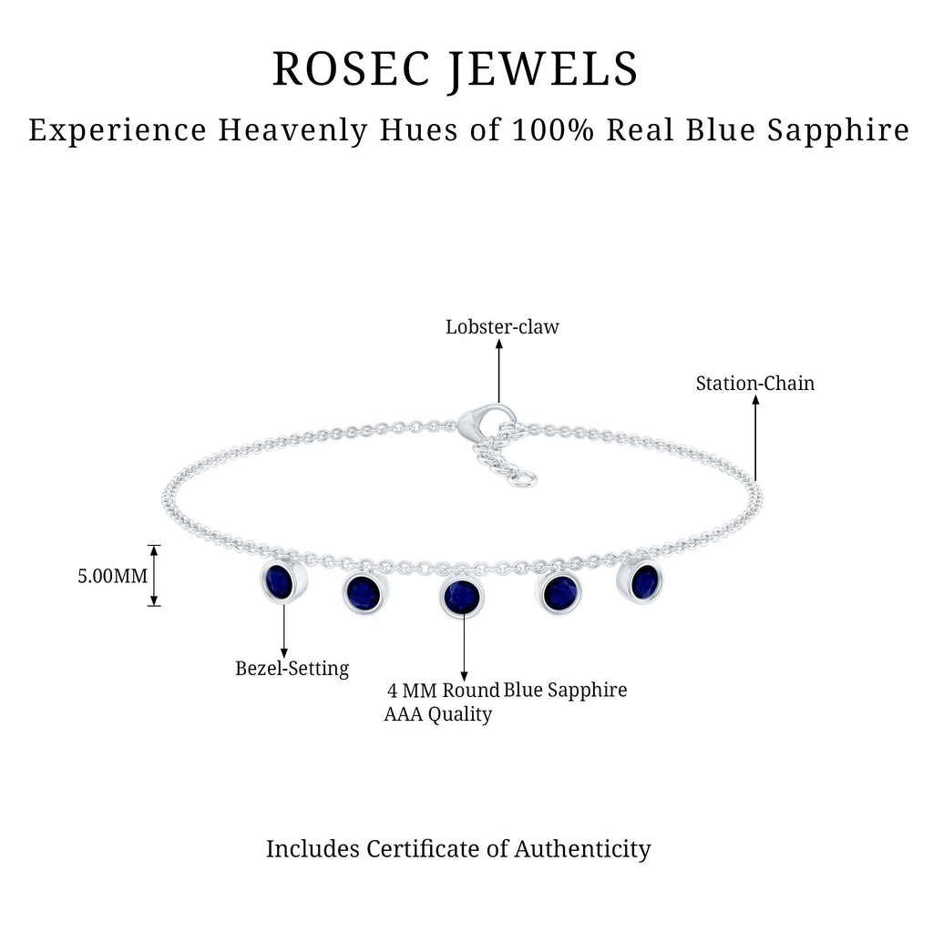 Blue Sapphire Bracelet – Bezel Set 5 Stone Station Chain Charm with Adjustable Lobster Clasp