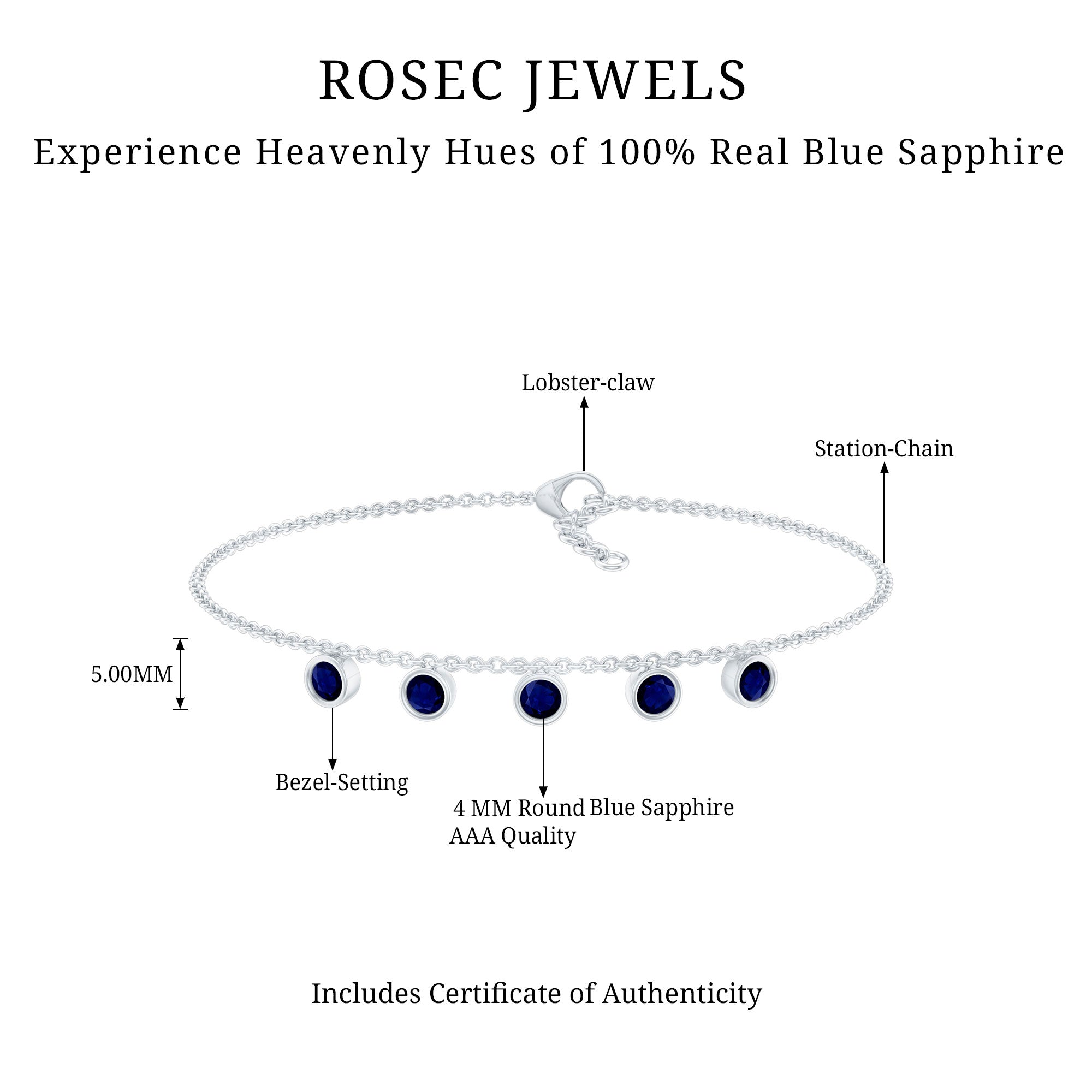Blue Sapphire Bracelet – Bezel Set 5 Stone Station Chain Charm with Adjustable Lobster Clasp