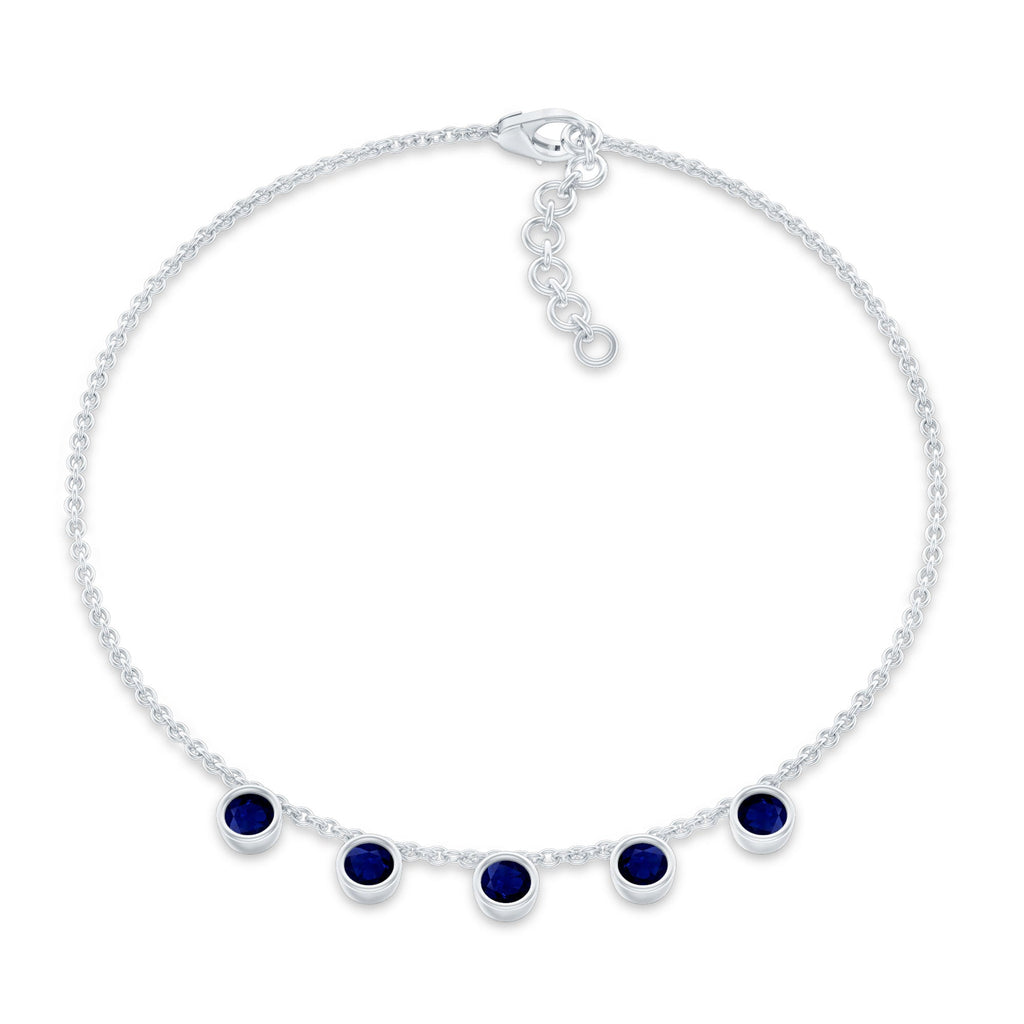 Blue Sapphire Bracelet – Bezel Set 5 Stone Station Chain Charm with Adjustable Lobster Clasp