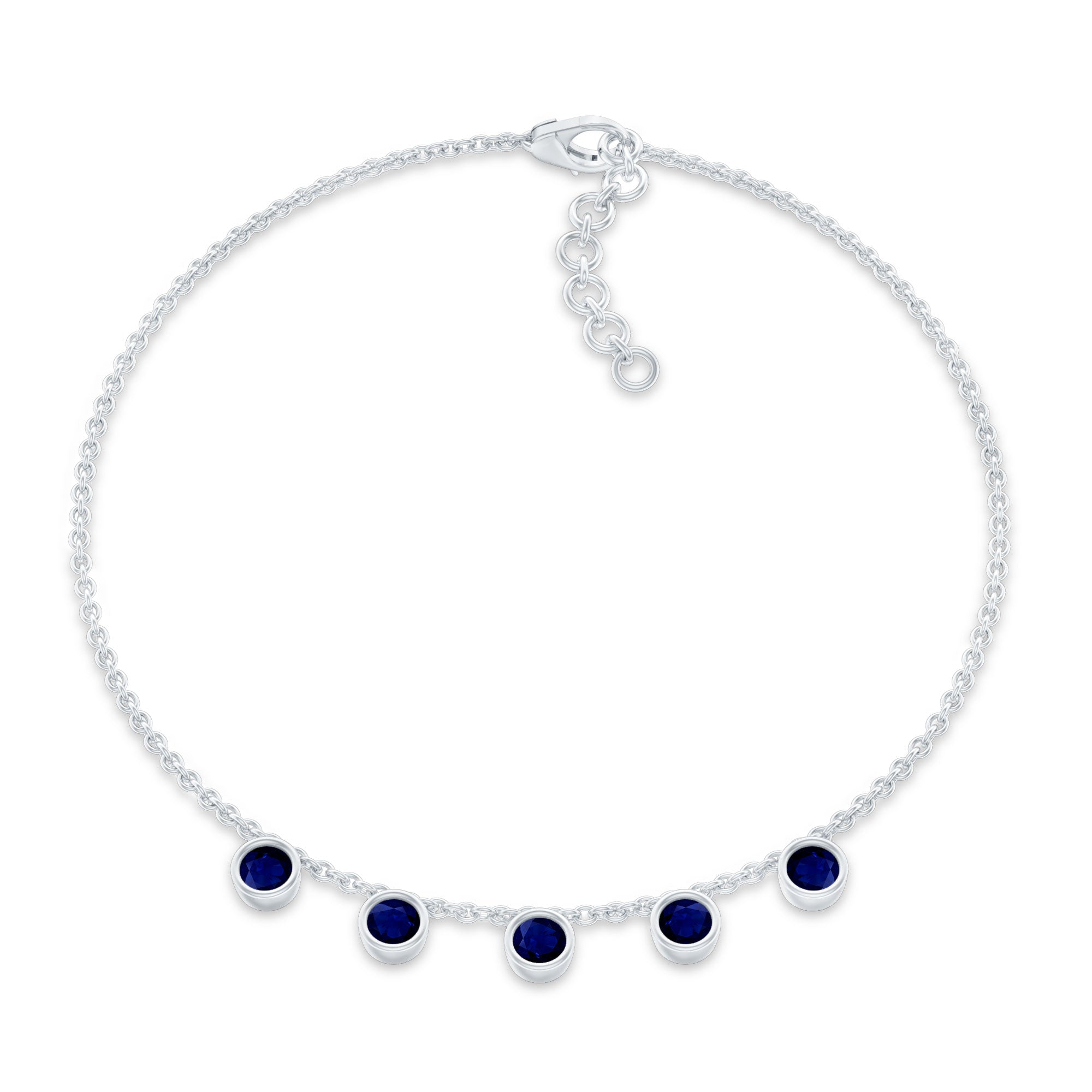 Blue Sapphire Bracelet – Bezel Set 5 Stone Station Chain Charm with Adjustable Lobster Clasp